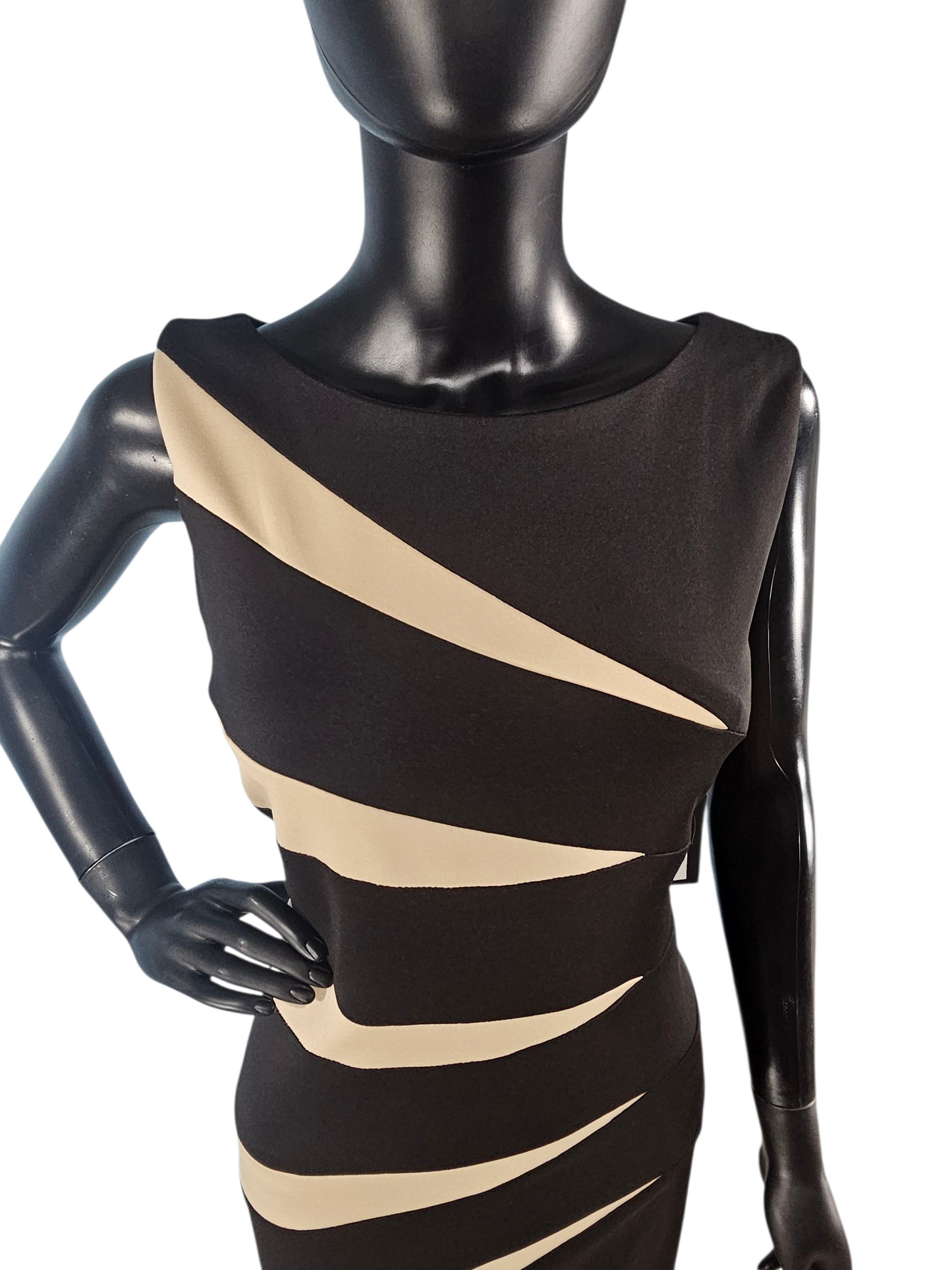 Black/Camel Asymmetrical Sheath Stretch Neoprene Dress - R&M Richards