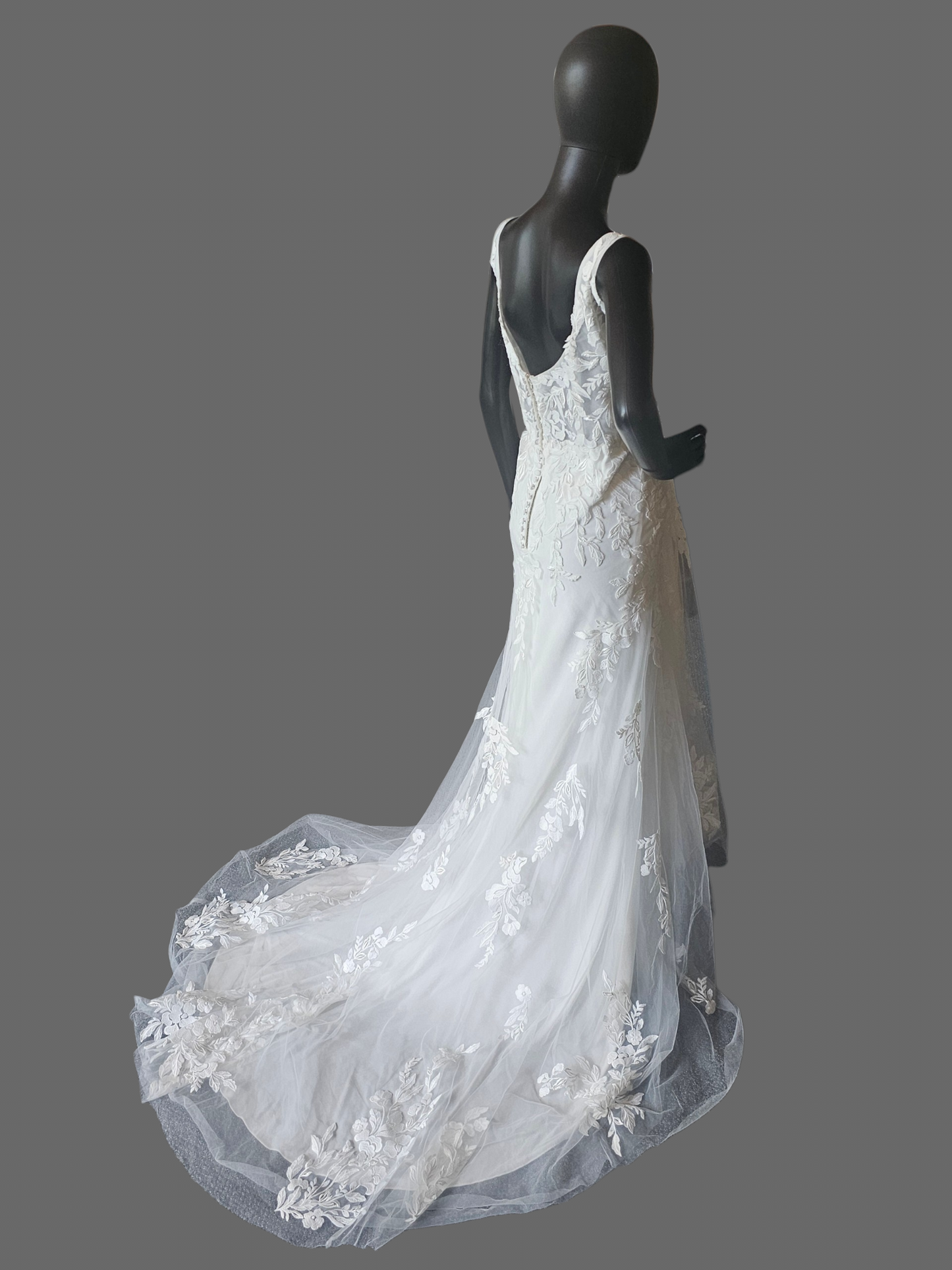 White Floral Lace Fit/Flare Corset Scoop Neck Plunge Detailed Train Wedding Gown - Rebecca Ingram