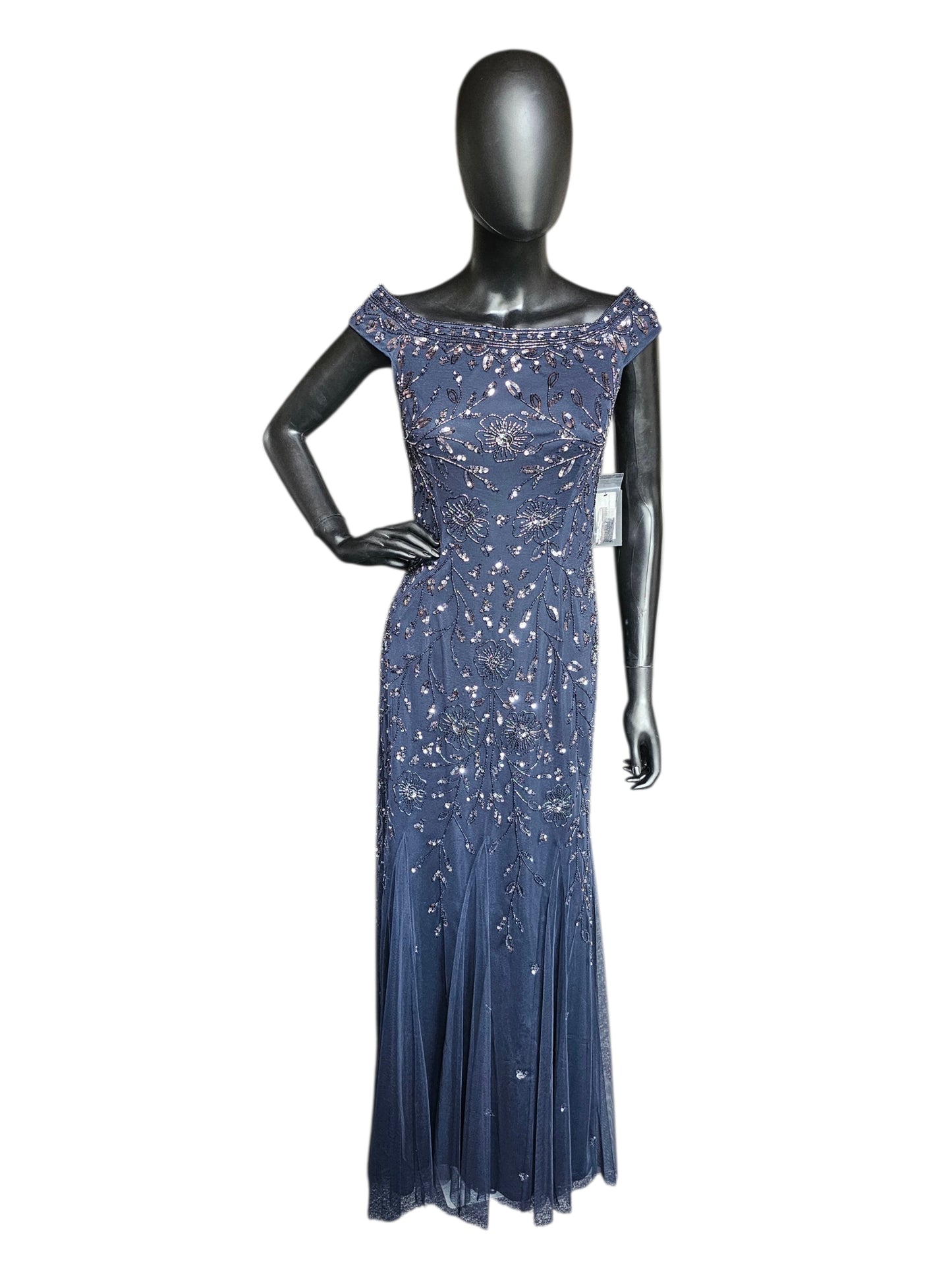 Navy Beaded Fit/Flare Off Shoulder Full Length Formal Dress - Oleg Cassini