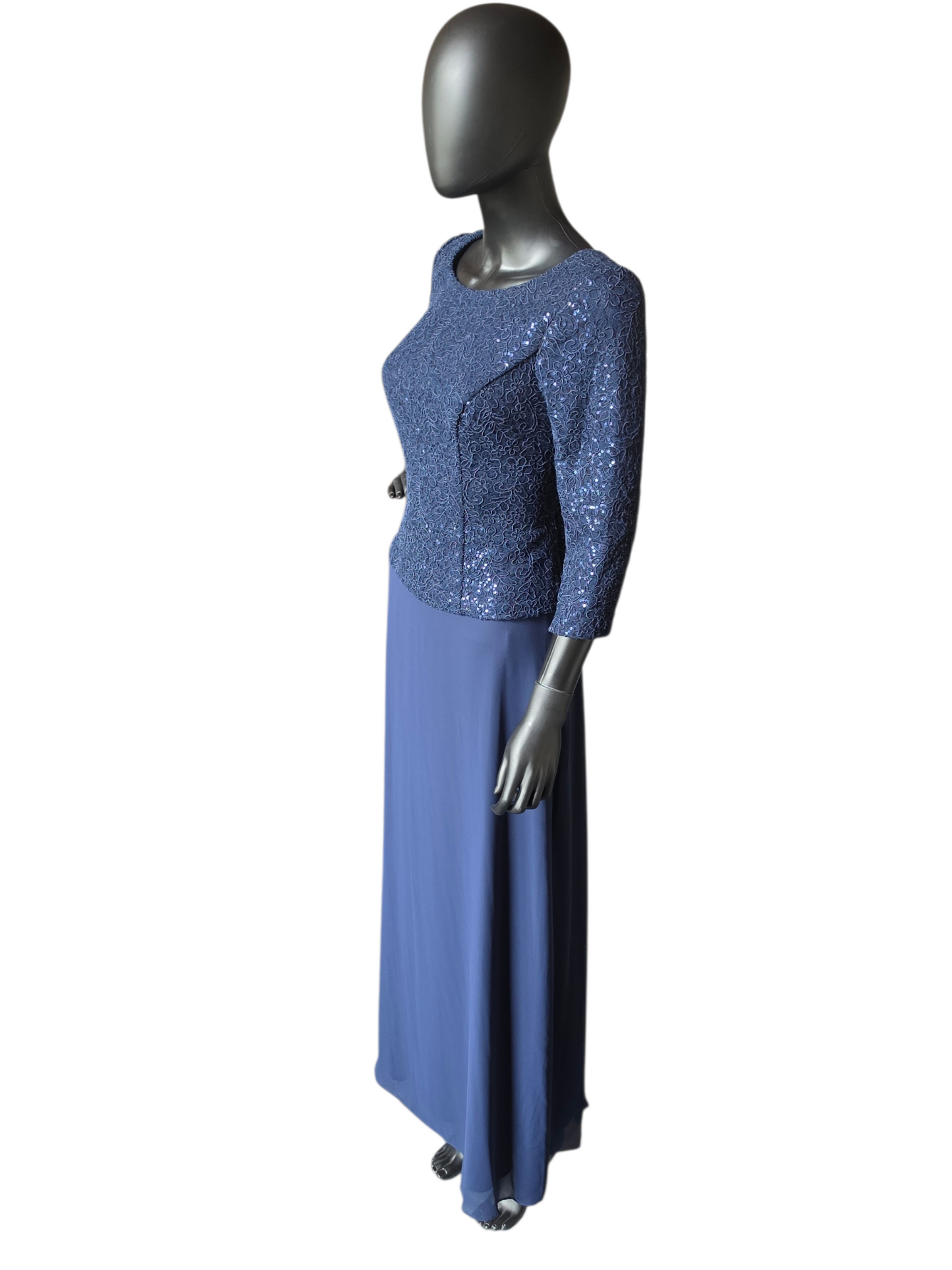 Navy Chiffon Basque Waist Sequin Long Sleeve Scoop Neck Formal/Moms Dress - Alex Evenings