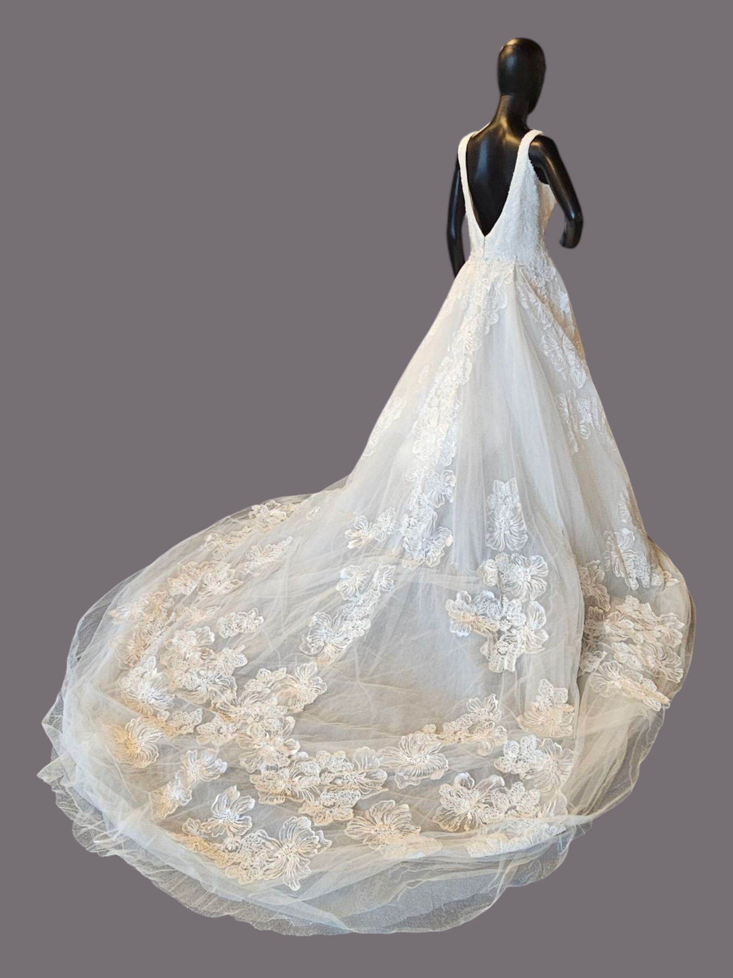 Ivory V-Neck Full Skirt Large Scale Floral Embellished Wedding Gown - Adrianna Papell