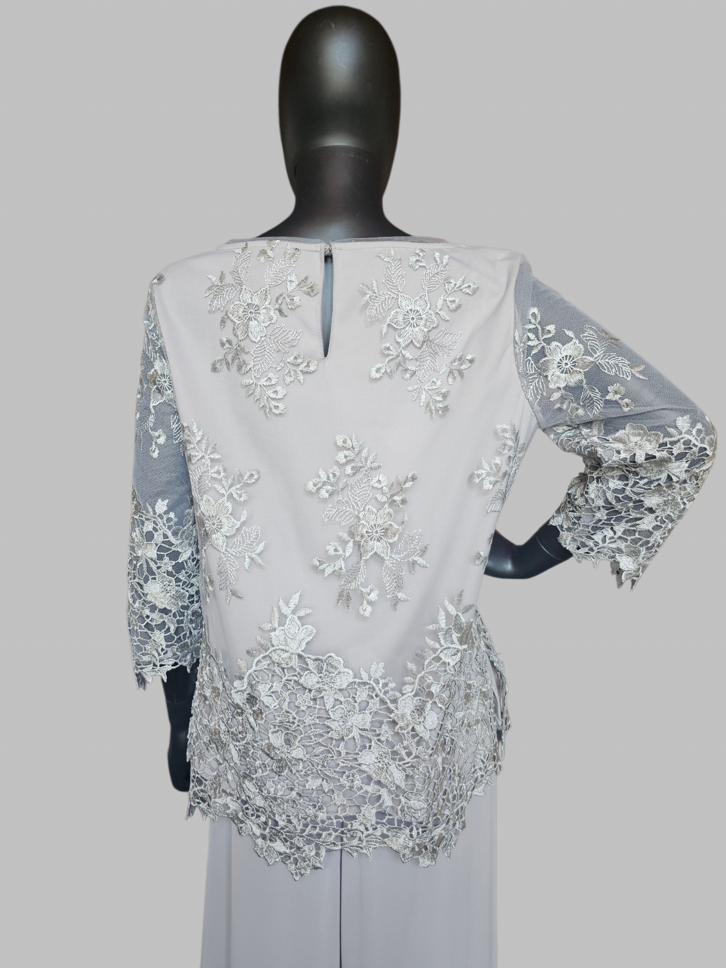 Grey Lace 3/4 Sleeve Chiffon 2 Piece Pant Mothers Formal Wear - Alex Evenings