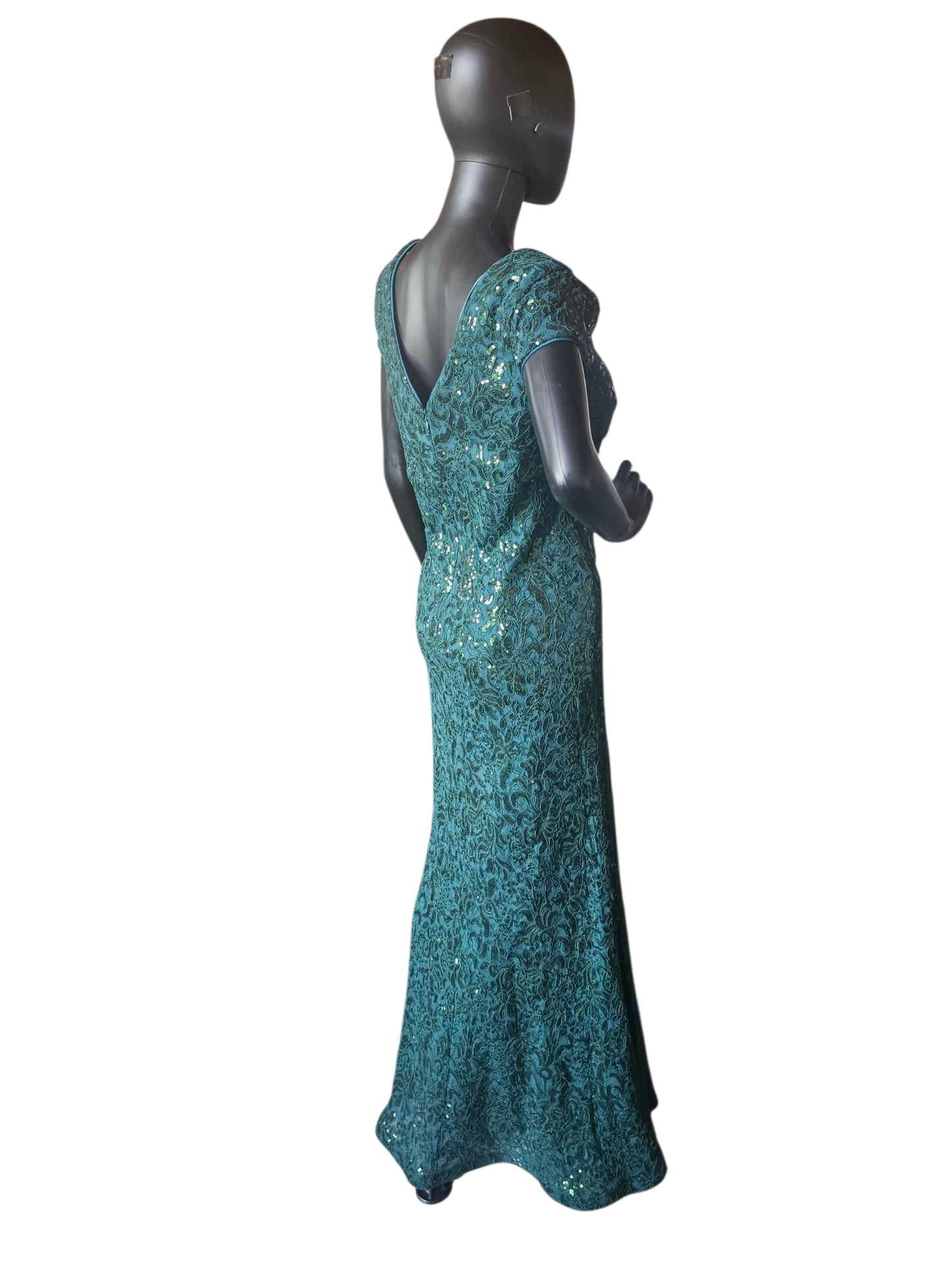 Hunter Green Floral Sequin Detail Cap Sleeve Full Length Formal Dress - R & M Richards