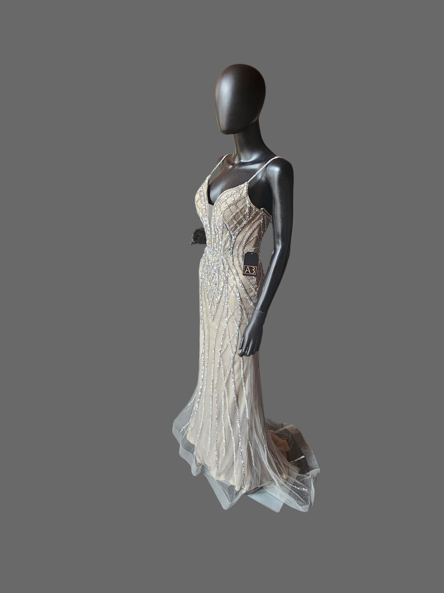 Nude Plunge Crystal Fitted Formal/Gala Dress - GB Social