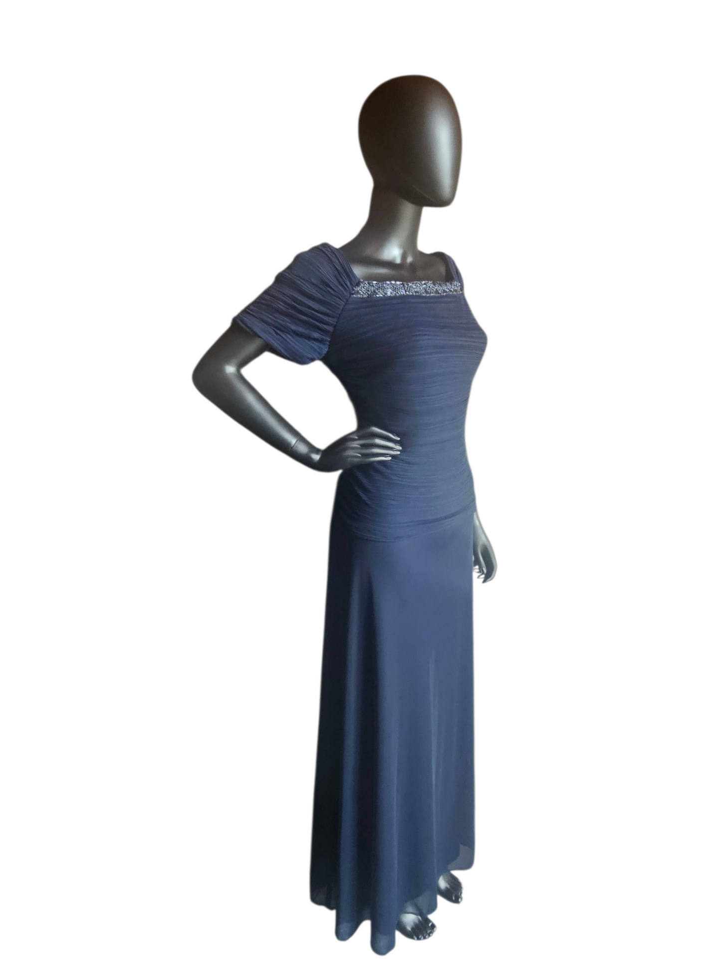 Navy Shirred Cap Sleeve Formal Dress