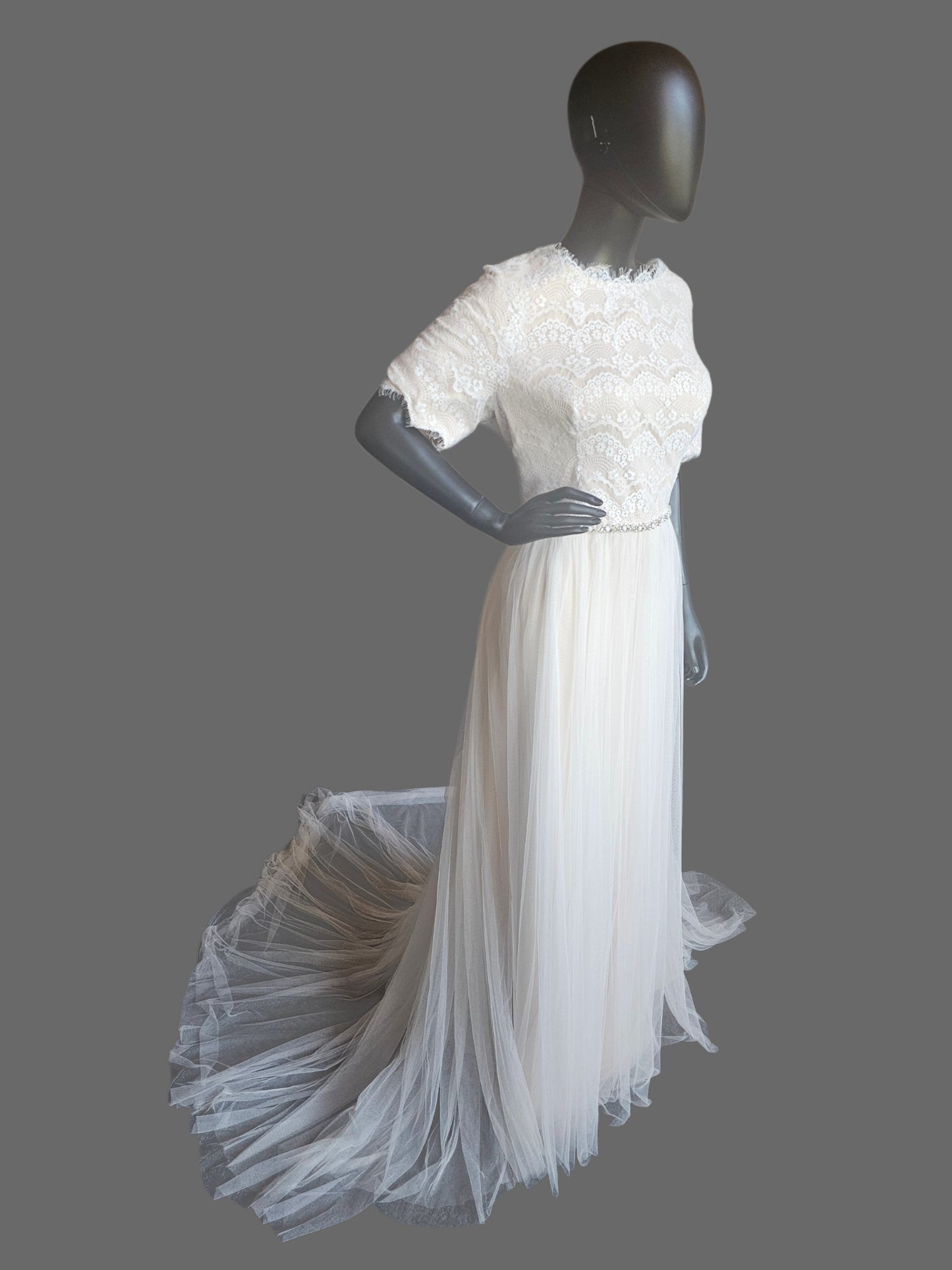 Nude/Lace 1/2 Sleeve Modest Aline Wedding Gown - Rebecca Ingram