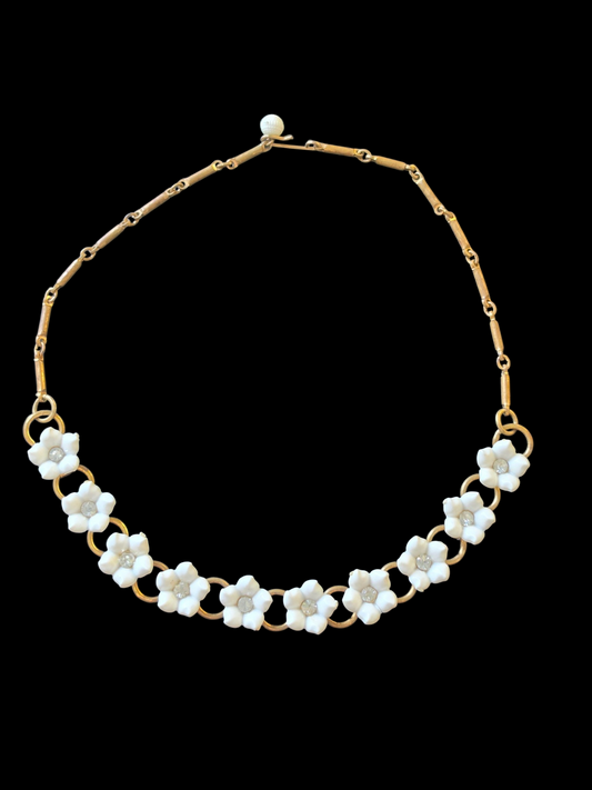 Vintage Brass/White Resin Flower Necklace