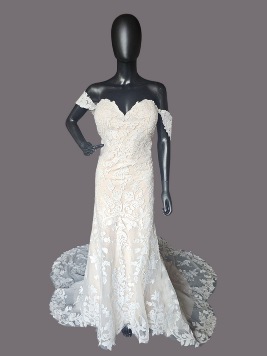 Ivory/Champ Floral Lace Off Shoulder Wedding Gown - Madeline Gardner