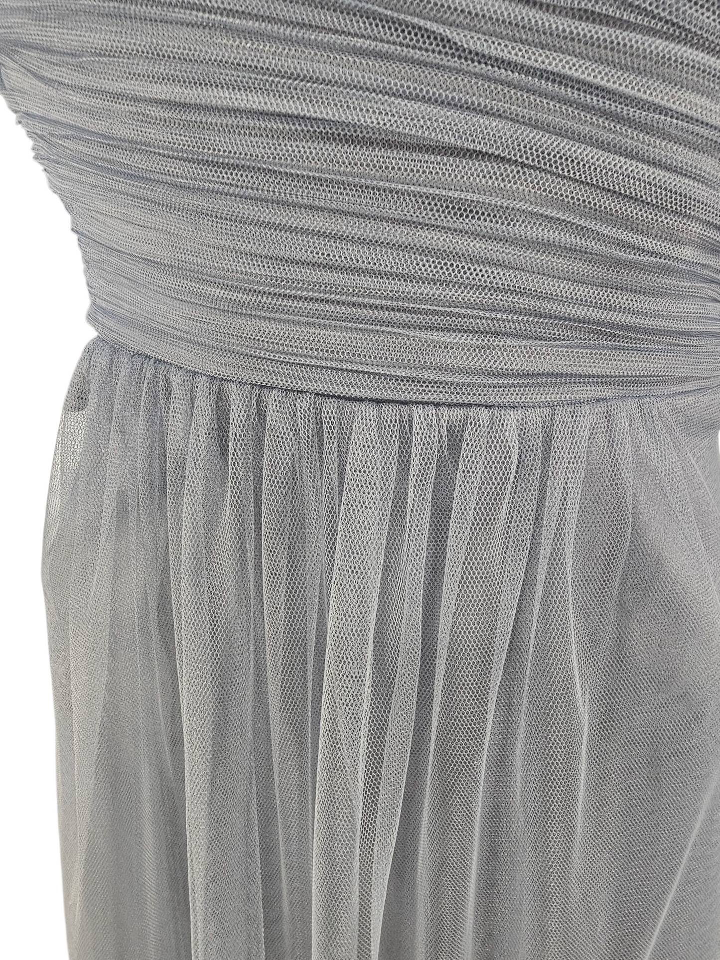 Slate Net/Tulle Tea Length Halter Formal Dress - Bill Levkoff