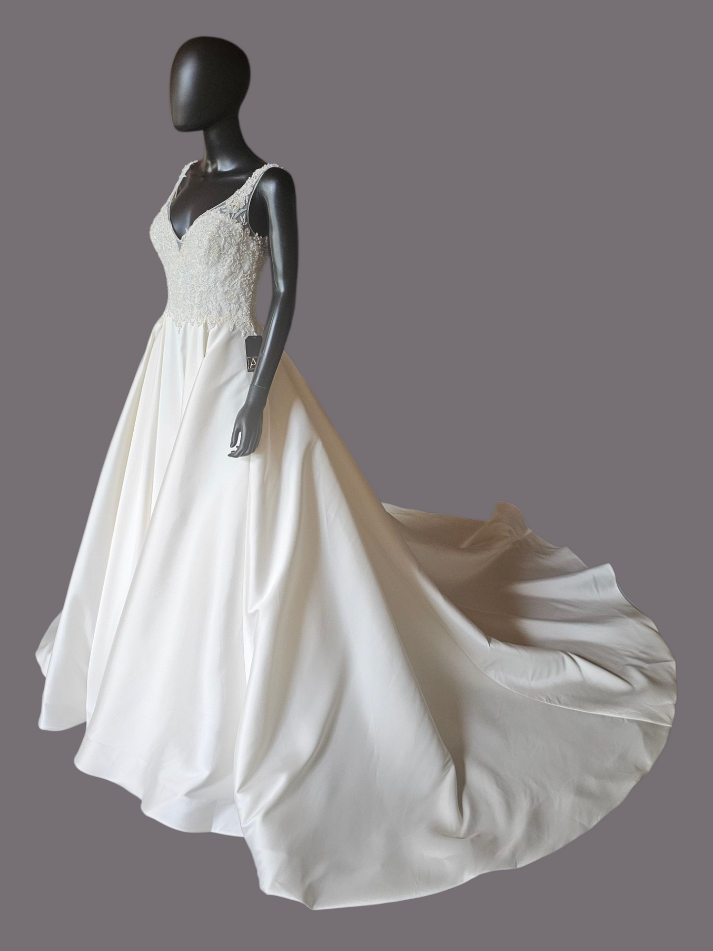 Ivory Ballgown Satin V-Neck Illusion Wedding Gown  - Da Vinci