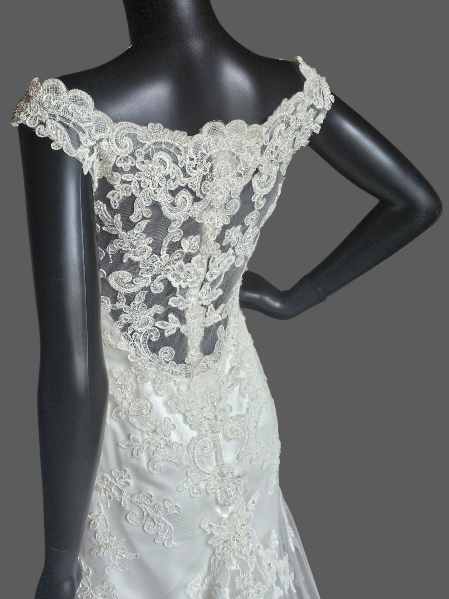 Ivory Lace Fit/Flare Bateau Neckline Wedding Gown - Casablanca