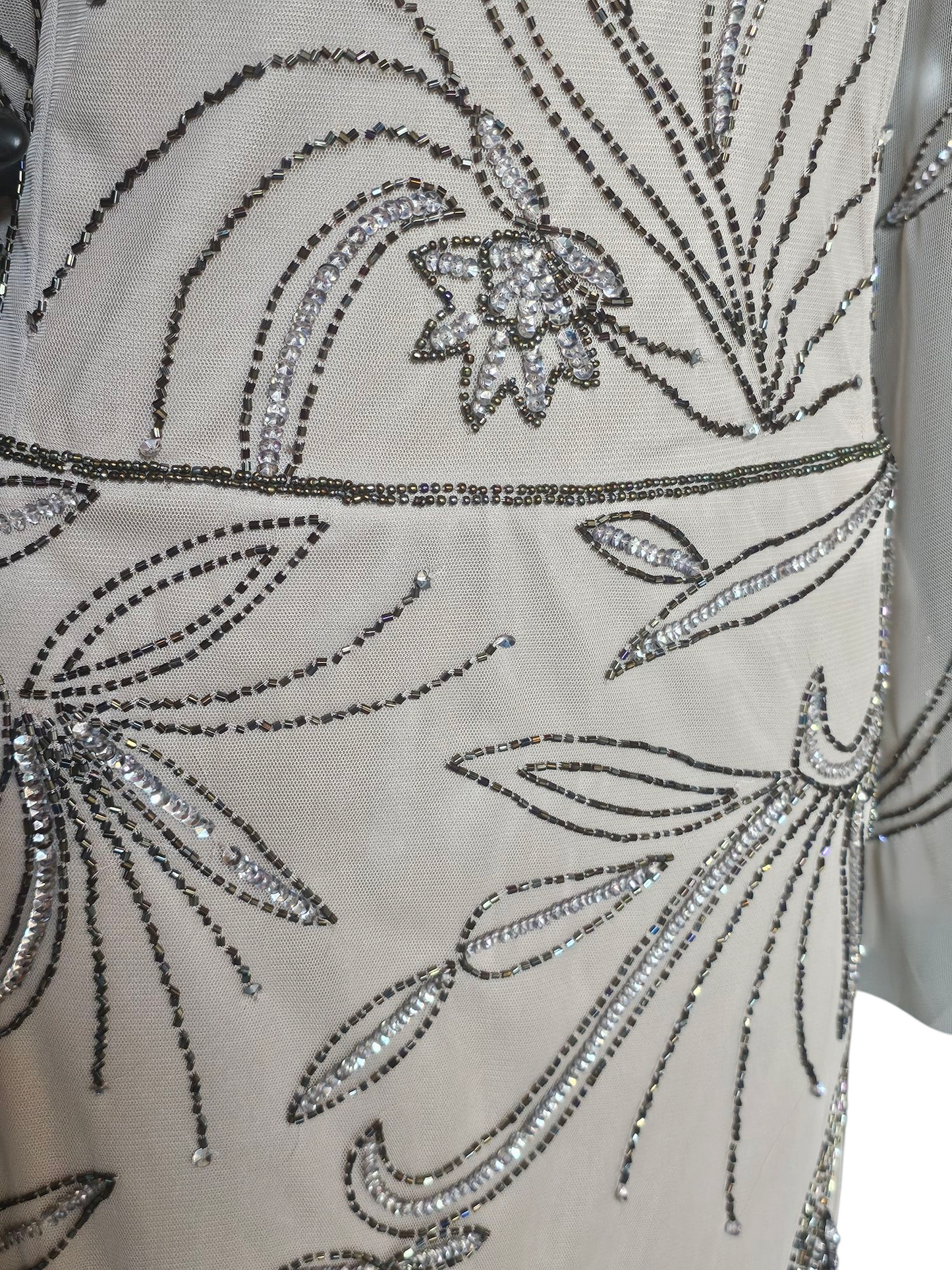 Taupe Beaded Mesh Bell Sleeve Formal Gown - Adrianna Papell