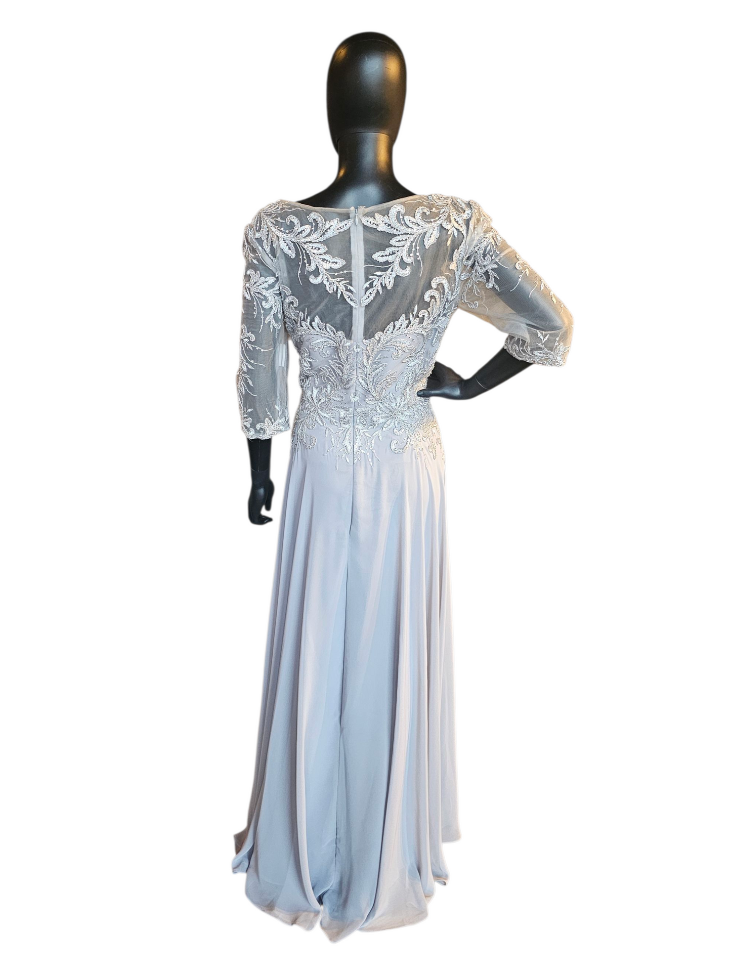 Silver Long Sleeve Illusion Bodice Maxi Formal Evening Gown - Madaline Gardner NY