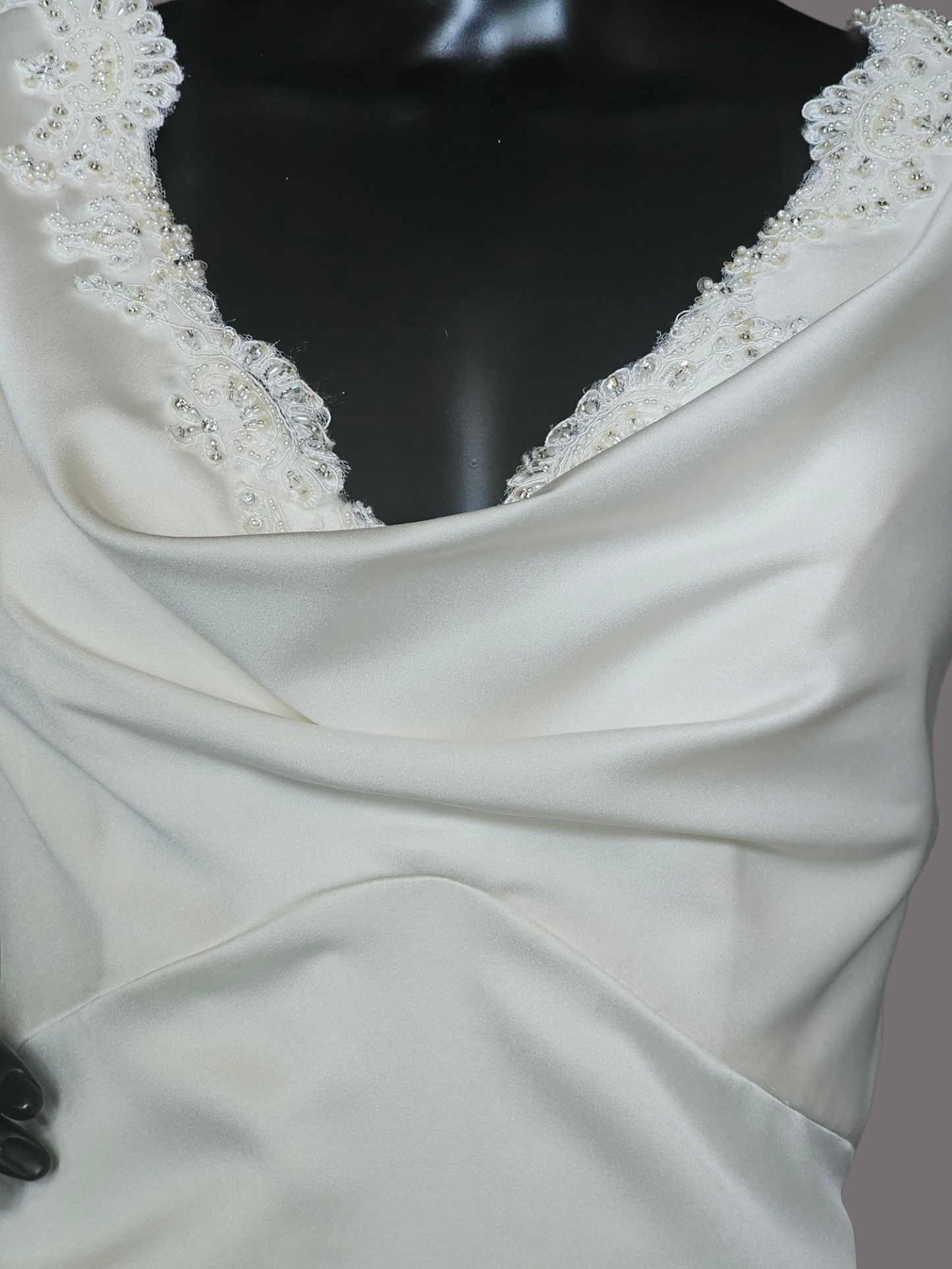 Ivory Silky Satin Cowl Neck Wedding Gown Sheath  - Casablanca