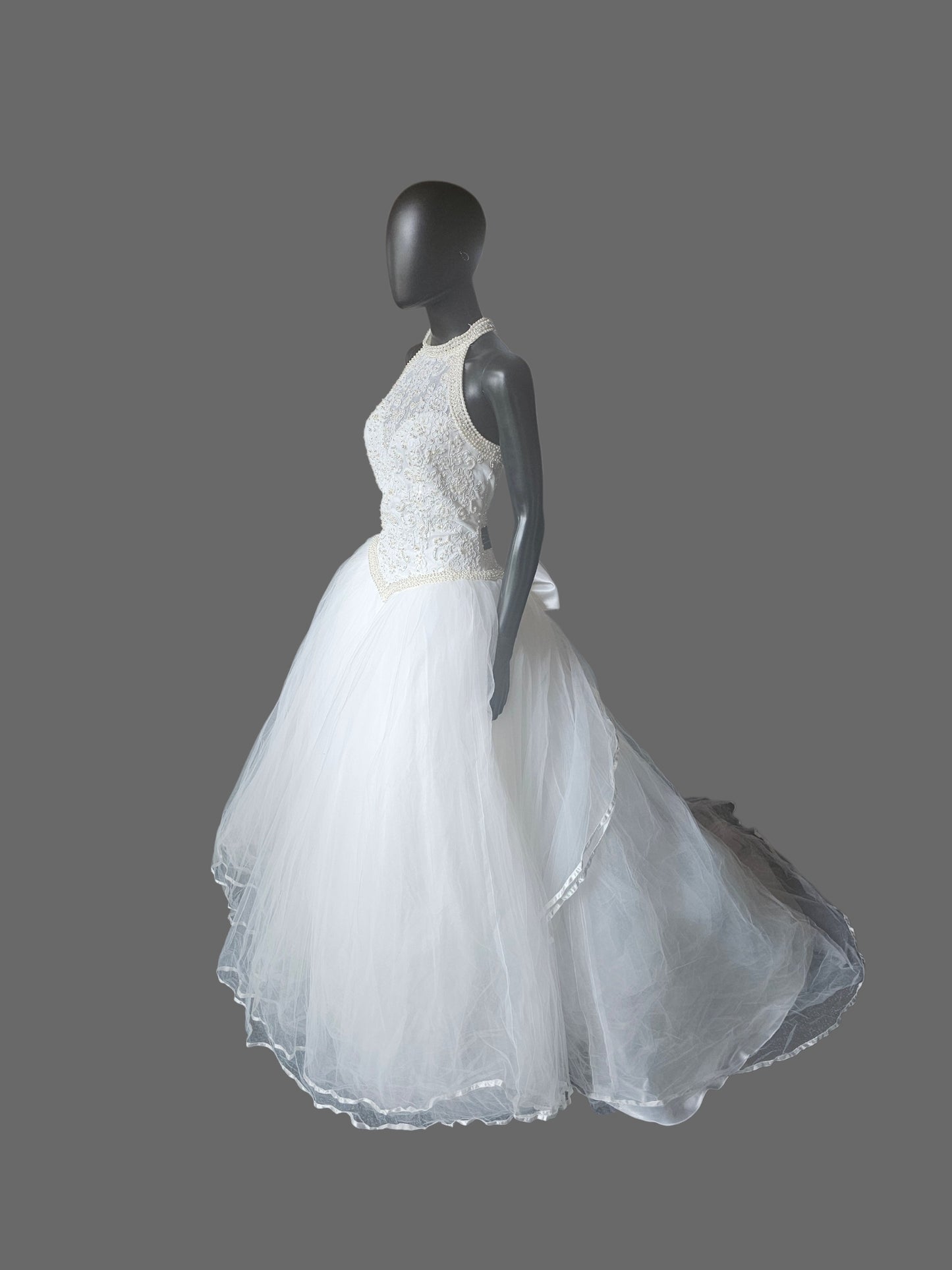 Vintage 90's Pearl Racer Halter Tulle Ballgown Wedding Dress  - Mori Lee