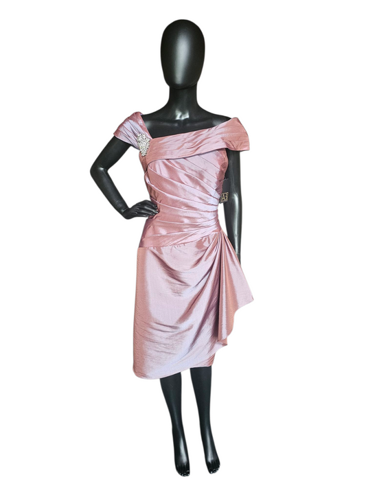 Iridescent Rose Taffeta Asymmetrical Off Shoulder Cocktail Dress - Jade