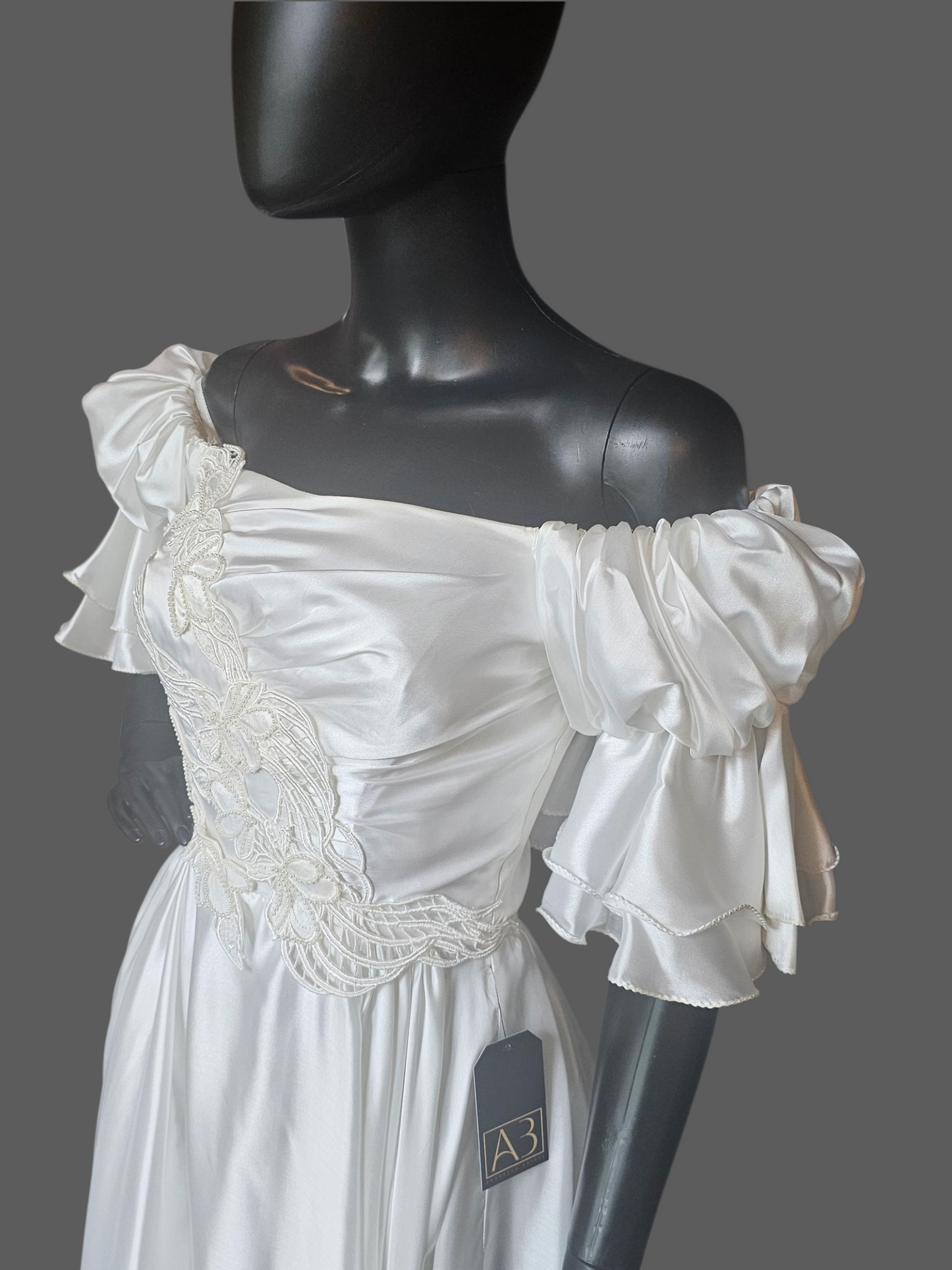 Vintage White Charmeuse Off Shoulder Wedding Gown