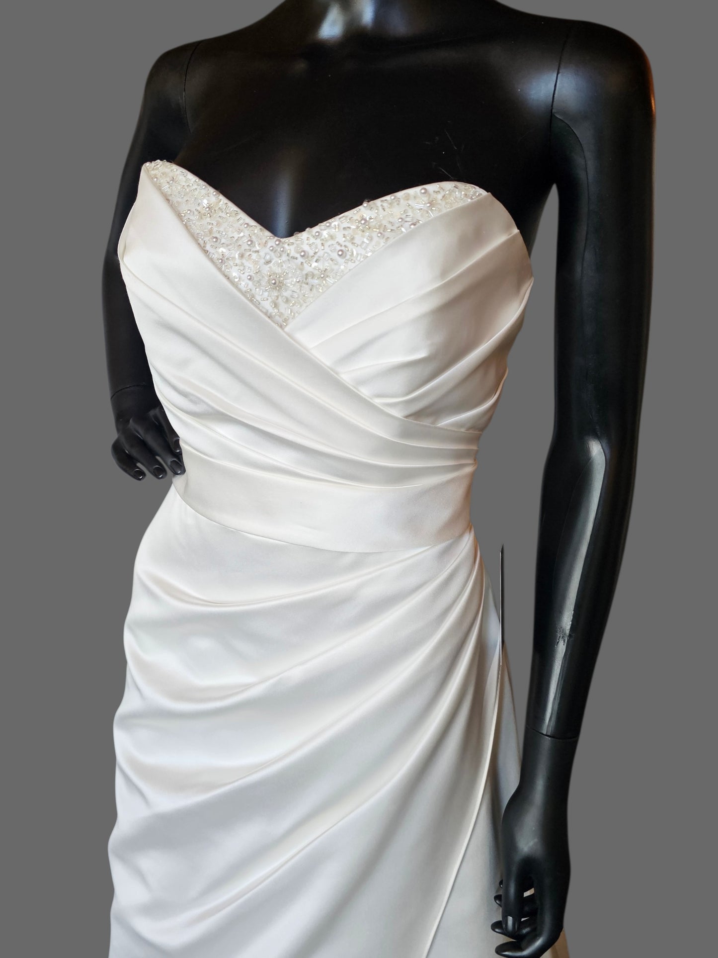 Ivory Satin Beaded V-Neck Side Sweep  - Alfred Angelo