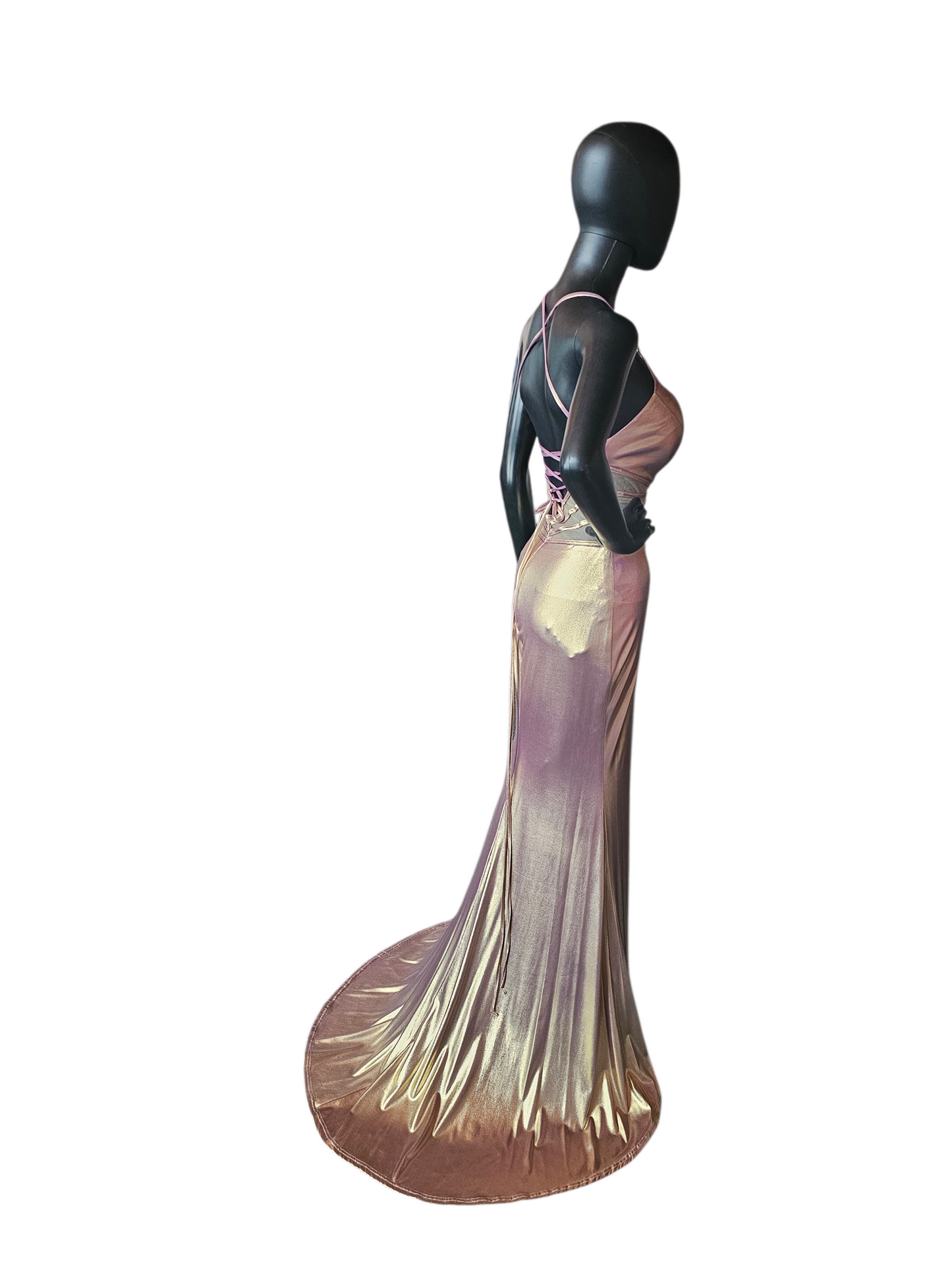 Rose Gold Iridescent Stretch Plunge Prom/Party Dress - Sparkle