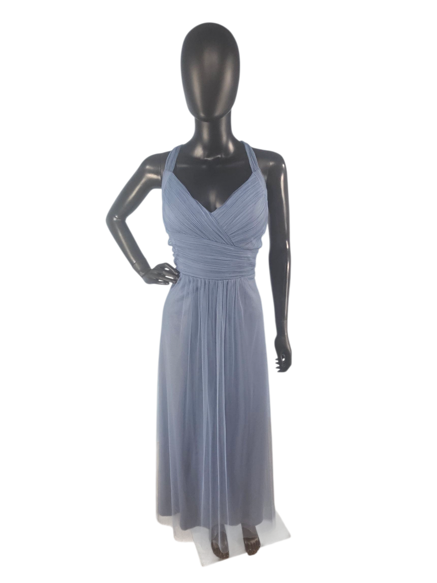 Slate Net/Tulle Tea Length Halter Formal Dress - Bill Levkoff