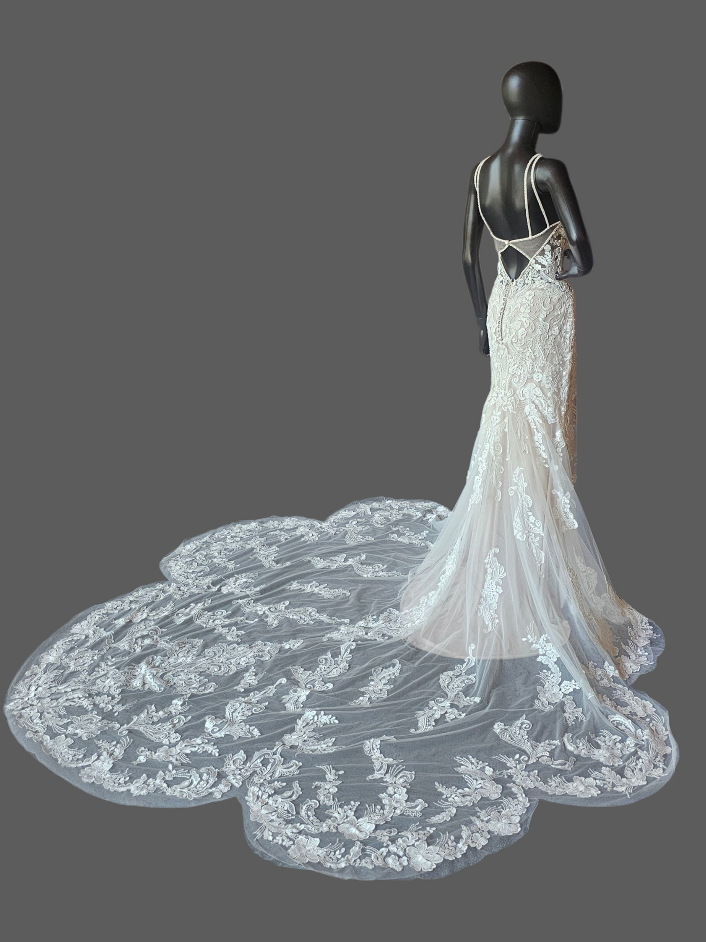 Ivory/Cappuccino Lace Halter Fit/Flare Scallop Train Wedding Gown - Mori Lee