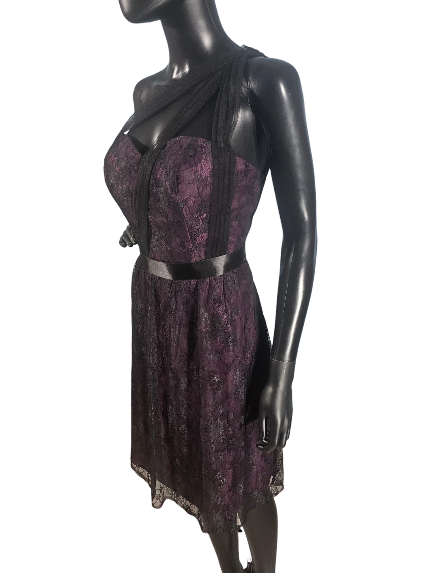 Aubergine/Black Lace One Shoulder Cocktail Dress - Da Vinci