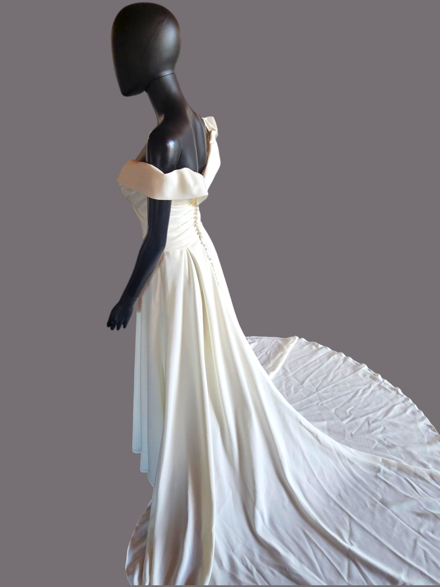 Off Shoulder/Portrait Collar Simple Ivory Crepe Wedding Gown - Mori Lee