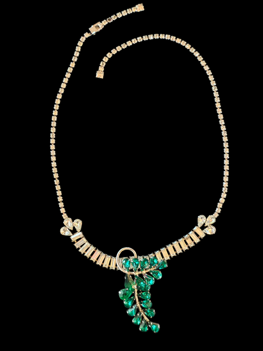 Vintage Rhinestone/Green Leaf Necklace