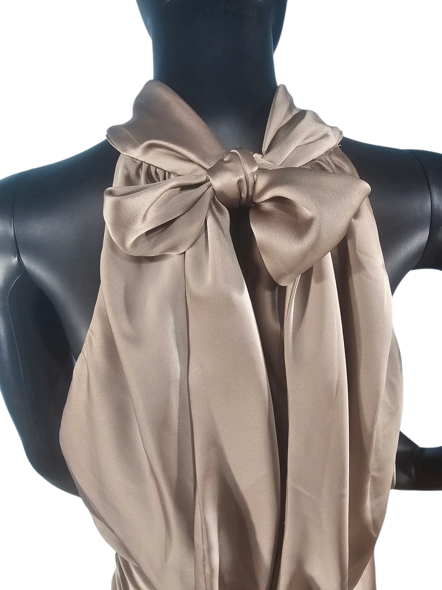 Latte Charmeuse Mock Neck Asymmetrical Cocktail Dress - Mori Lee