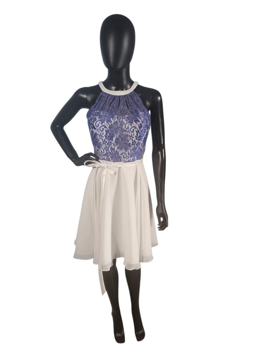 Blue Lace/White Chiffon Halter Mid-Length Dress - Da Vinci