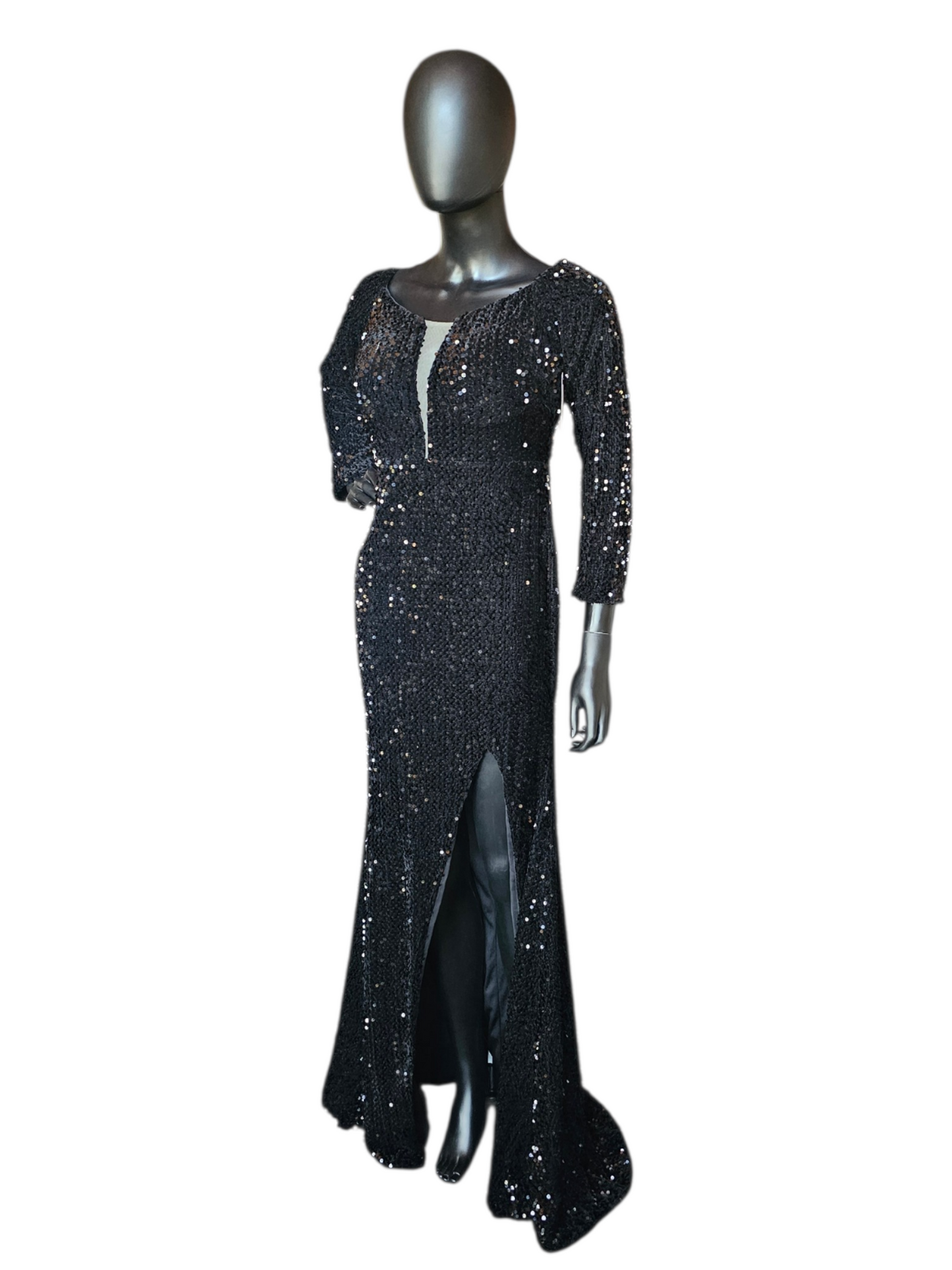 Black Sequin Fitted 3/4 Sleeve Plunge Slit Formal/Prom Dress  - Miss Ord