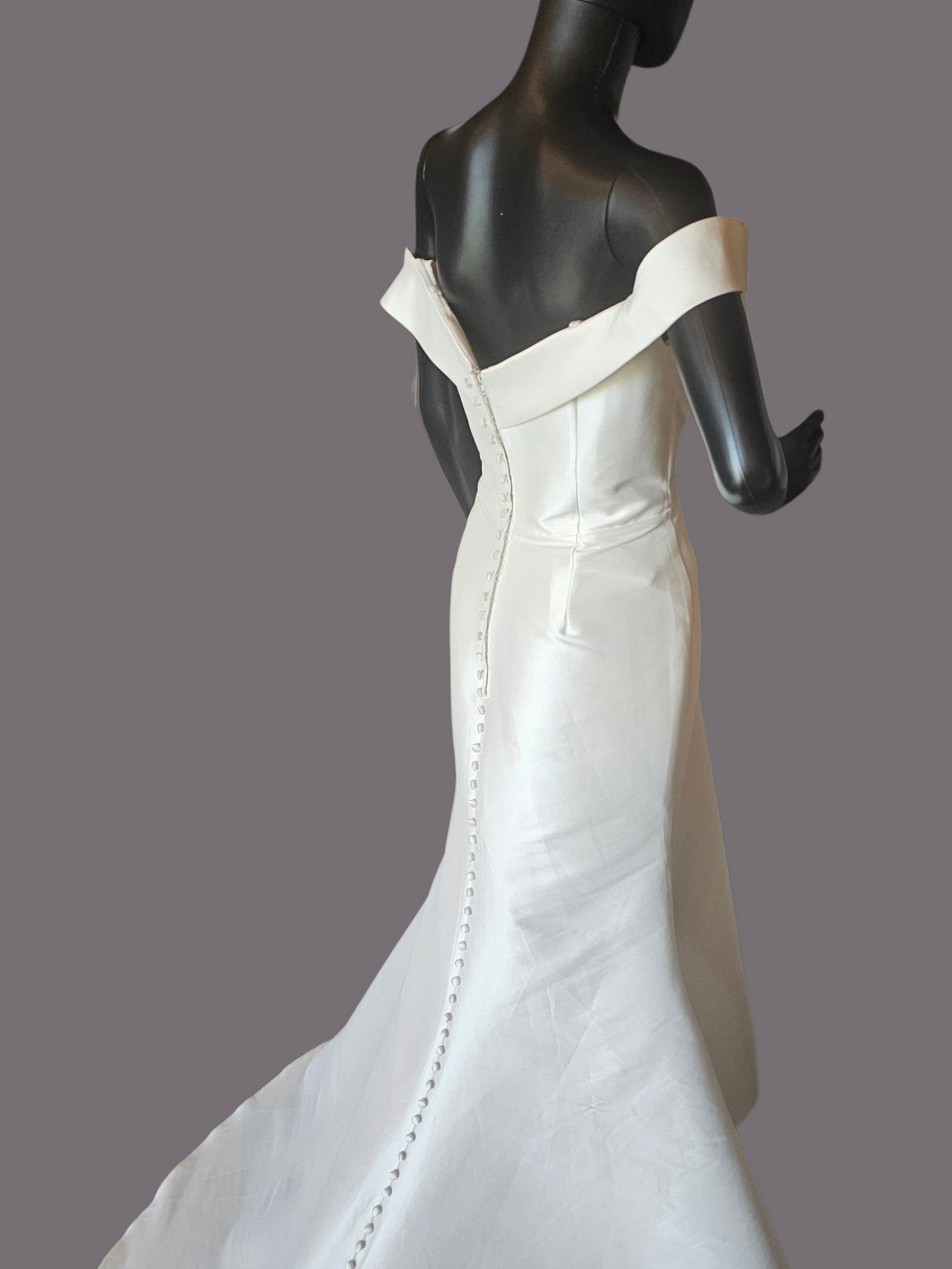 Ivory Satin Twill Fit-Flare Off Shoulder Wedding Gown - Allure Bridals