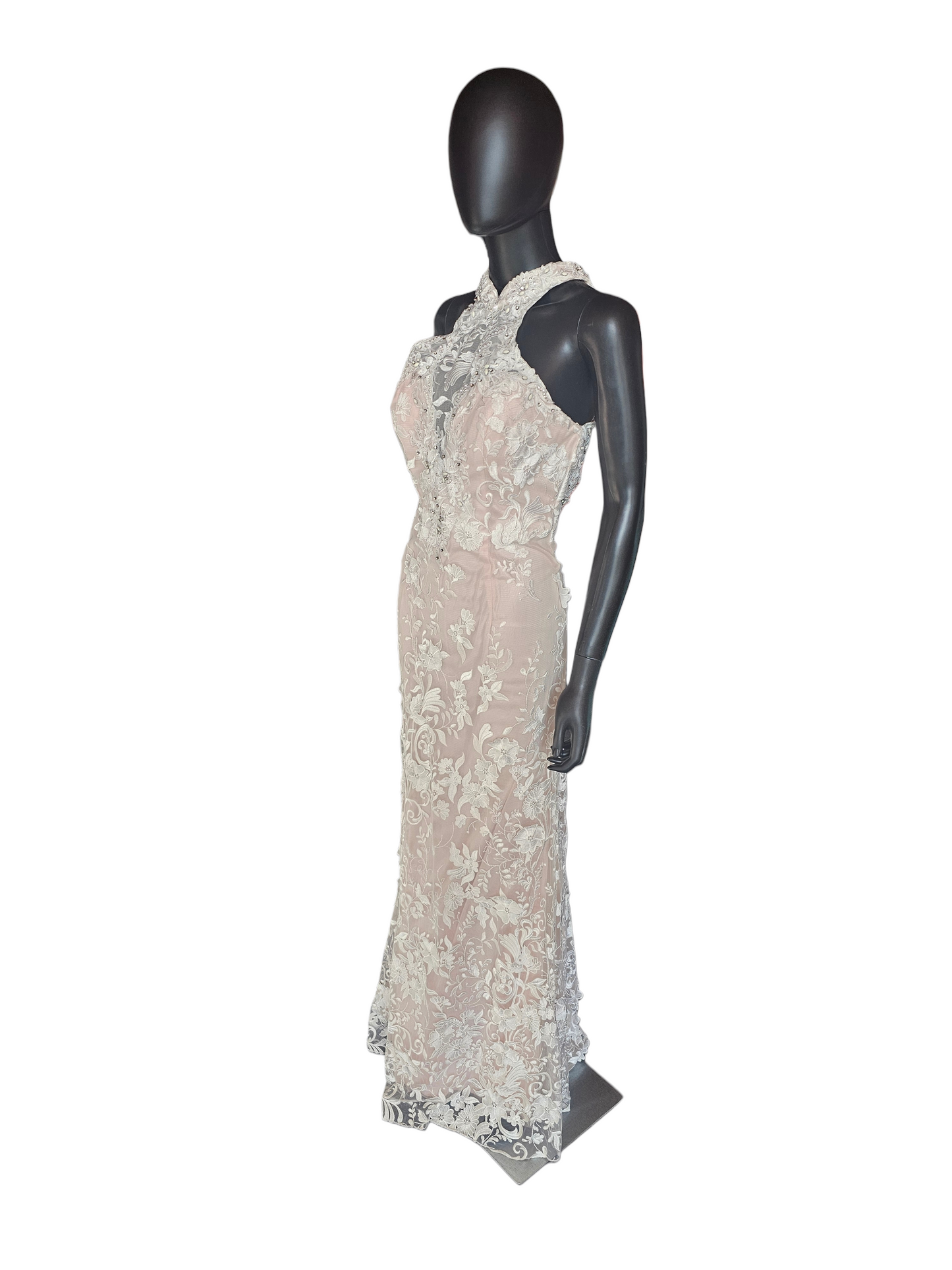 Rose/Ivory Lace Halter Fit/Flare Prom/Party Formal Dress - Mori Lee