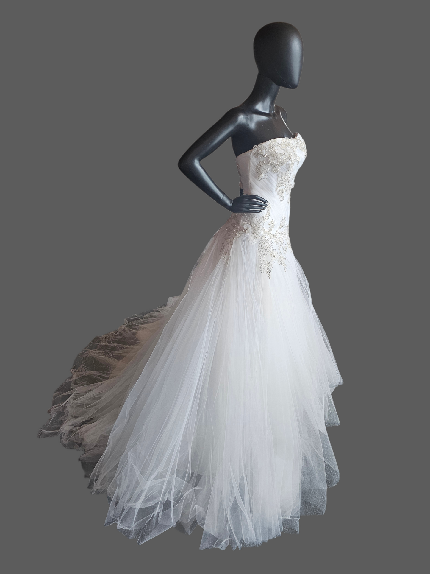 White Tulle Asymmetrical Drop Waist Silver/Gold Embroidered Strapless Wedding Gown - Casablanca