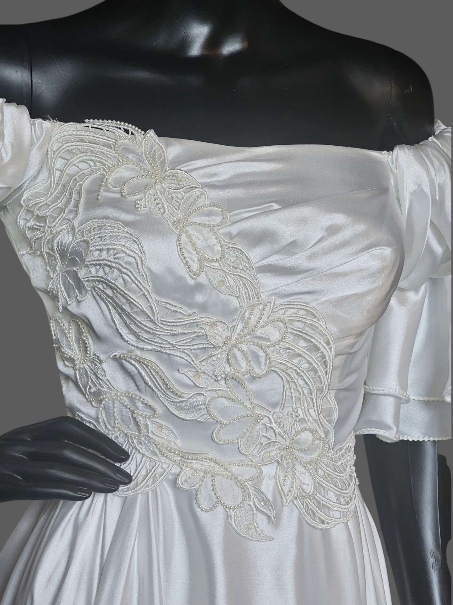 Vintage White Charmeuse Off Shoulder Wedding Gown