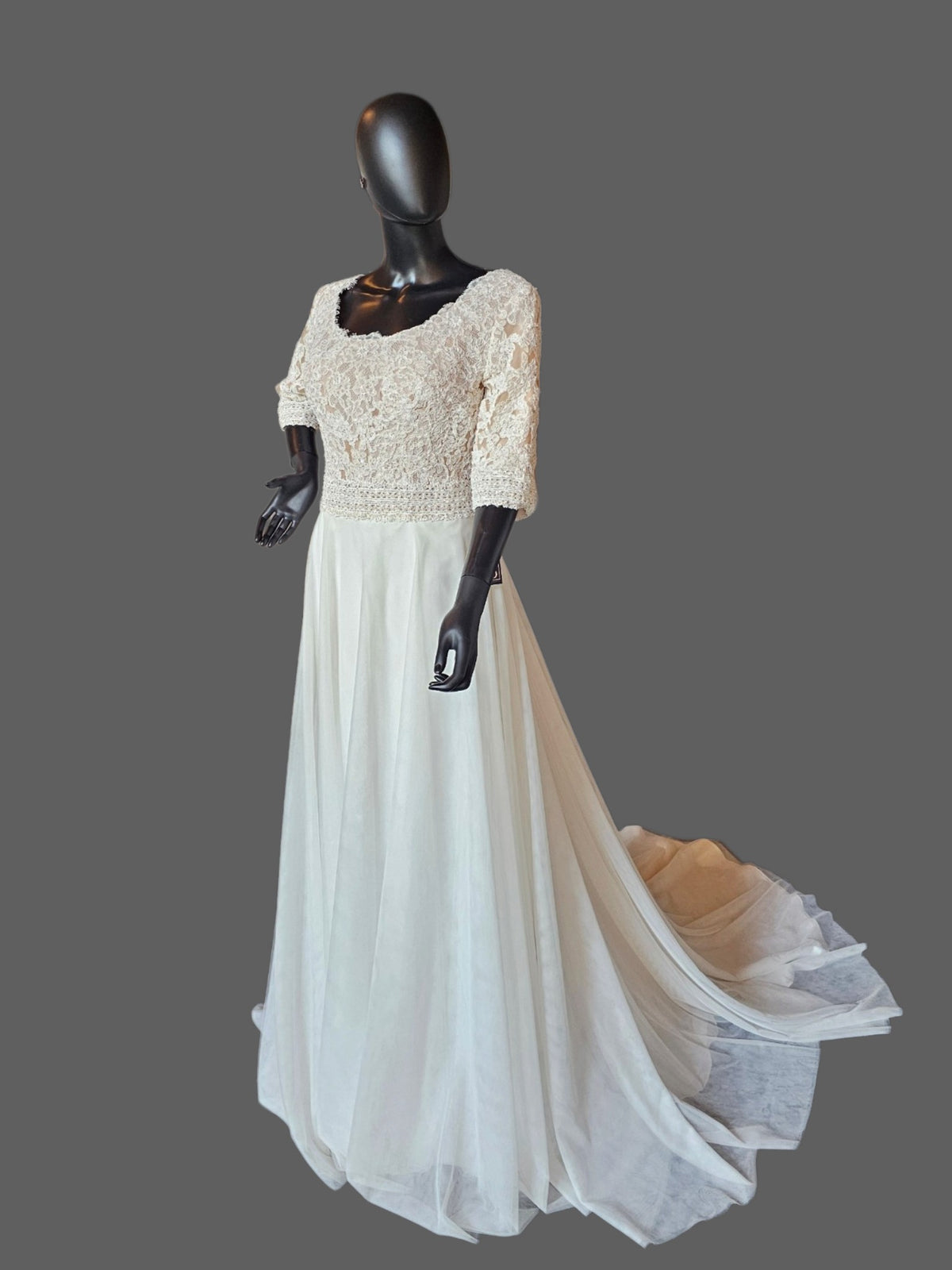 Ivory Scoop Neck Lace 3/4 Sleeve A-Line Net Wedding Gown - Maggie Sottero