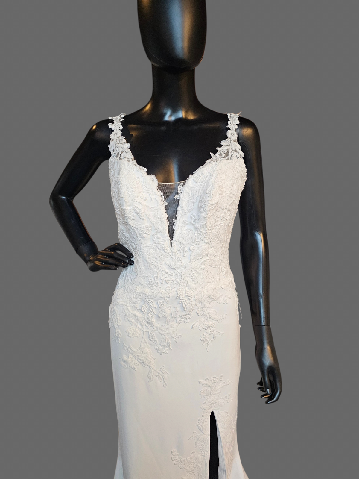 White Lace Fit/Flare Slit V-Plunge Wedding Gown - Beloved