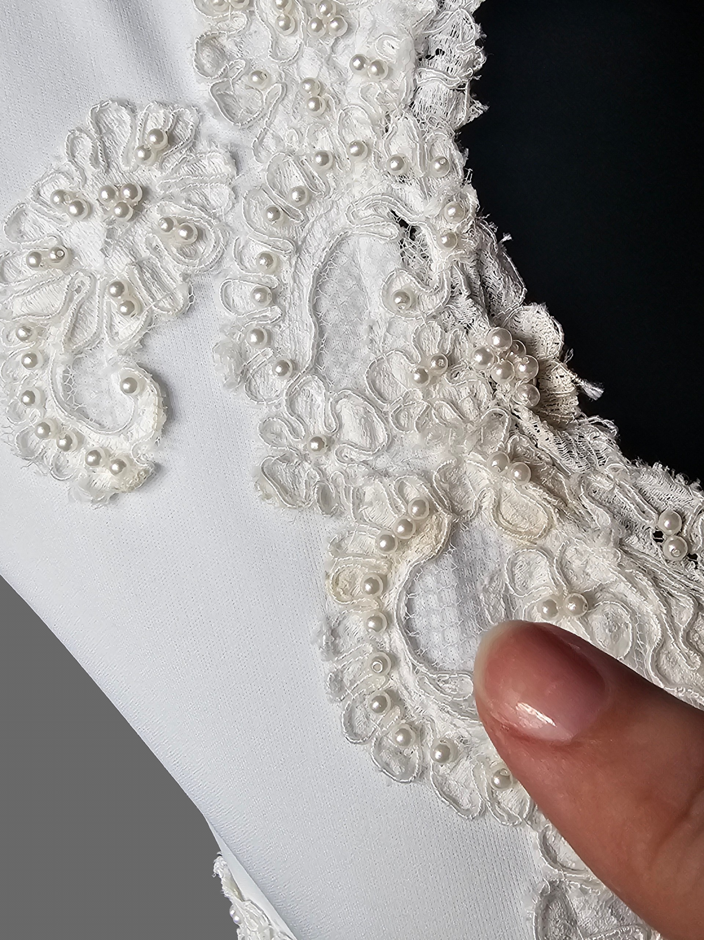 Vintage White 3/4 Sleeve Jersey Lace Detail V-Neck Wedding Gown - Renewal
