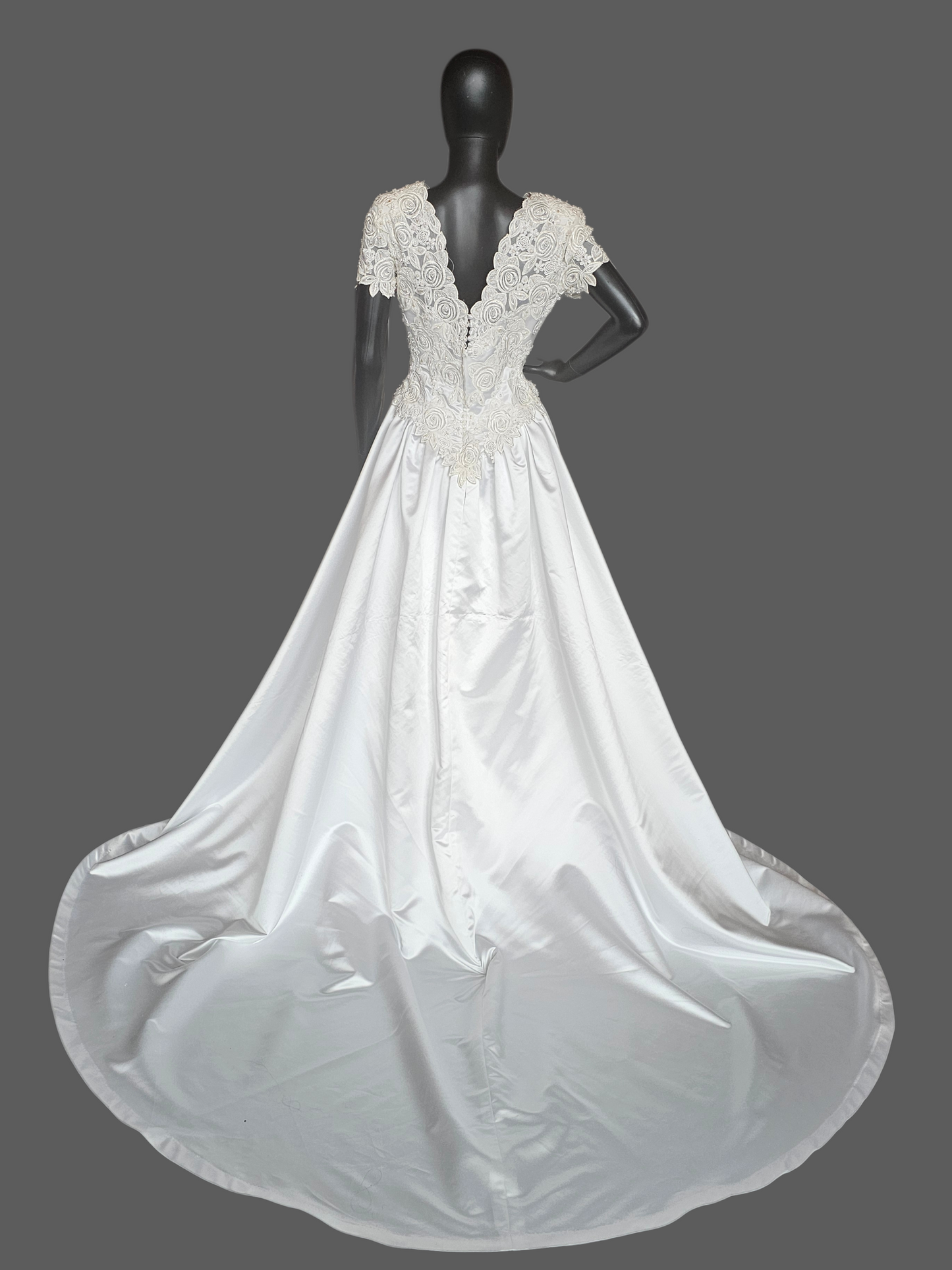 Vintage White Satin Embroidered Cap Sleeve Wedding Gown - Modest