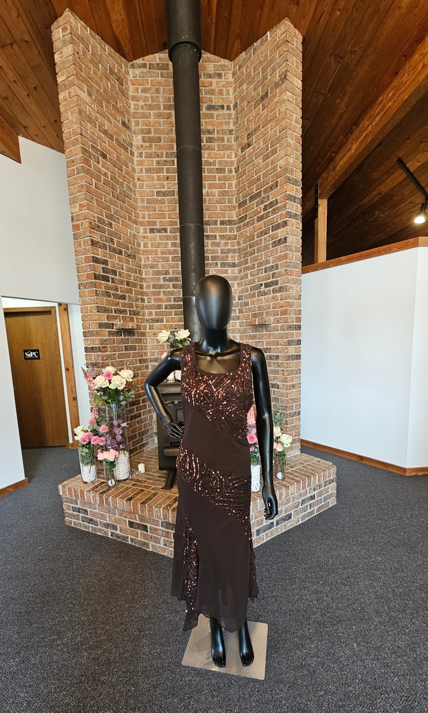 Chocolate Chiffon Sequin Accent Full Length Formal Gown
