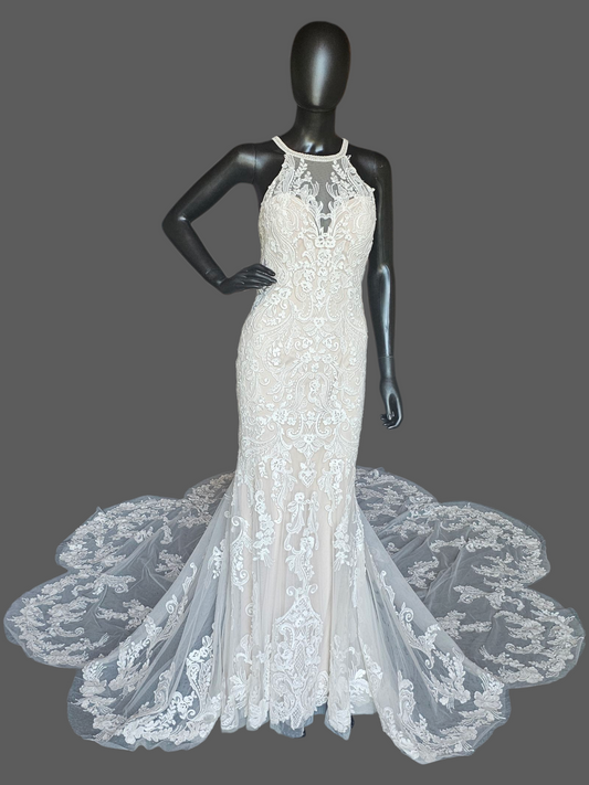 Ivory/Cappuccino Lace Halter Fit/Flare Scallop Train Wedding Gown - Mori Lee