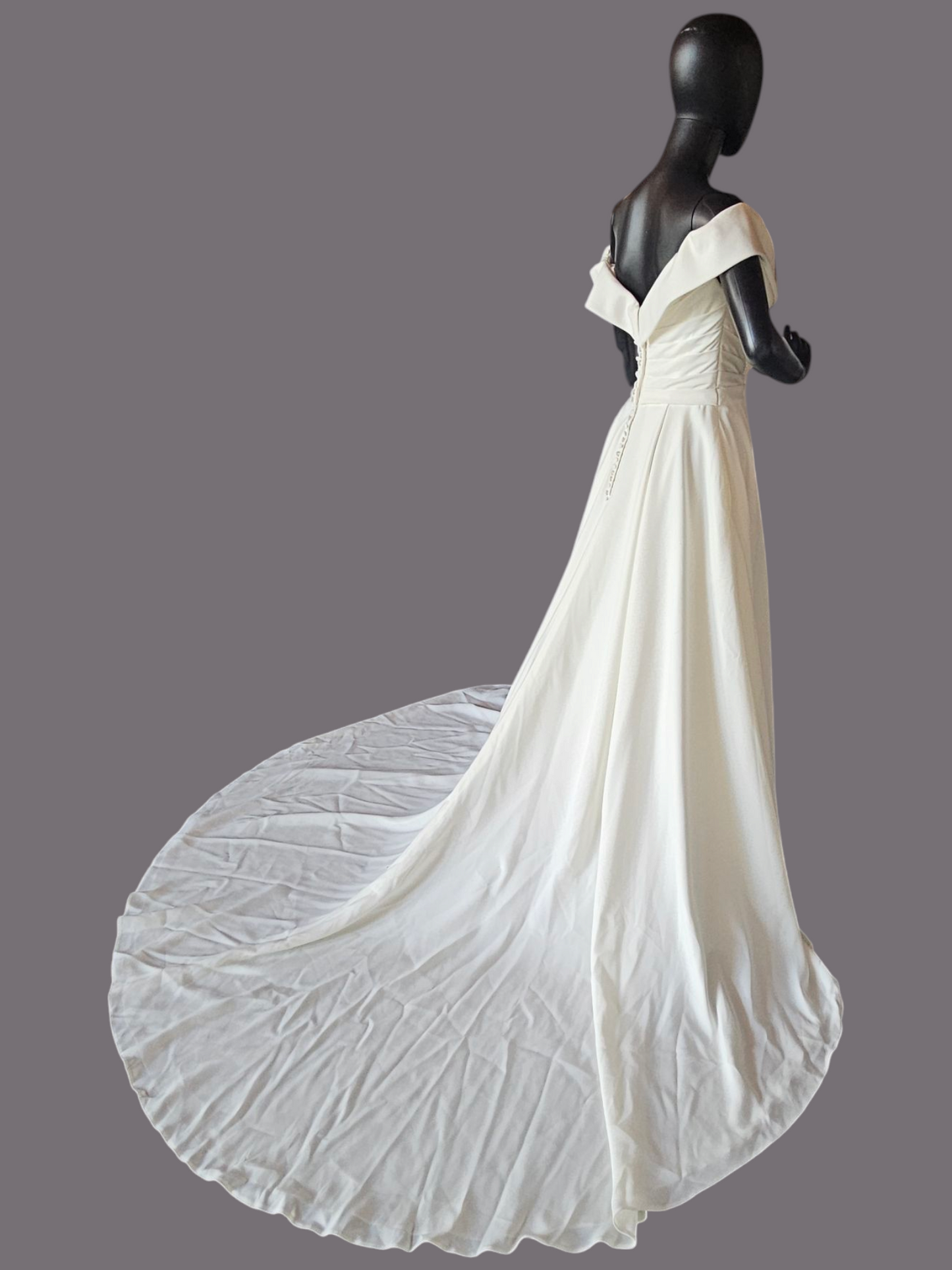 Off Shoulder/Portrait Collar Simple Ivory Crepe Wedding Gown - Mori Lee