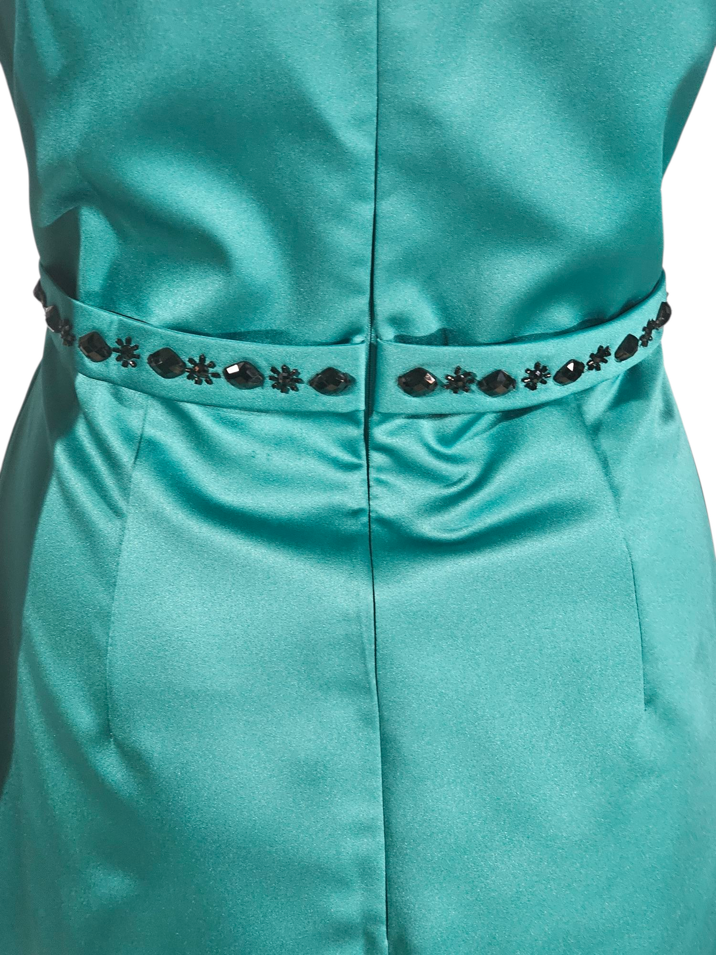 Teal Satin/Black Crystal A-Line Cocktail Dress - Da Vinci