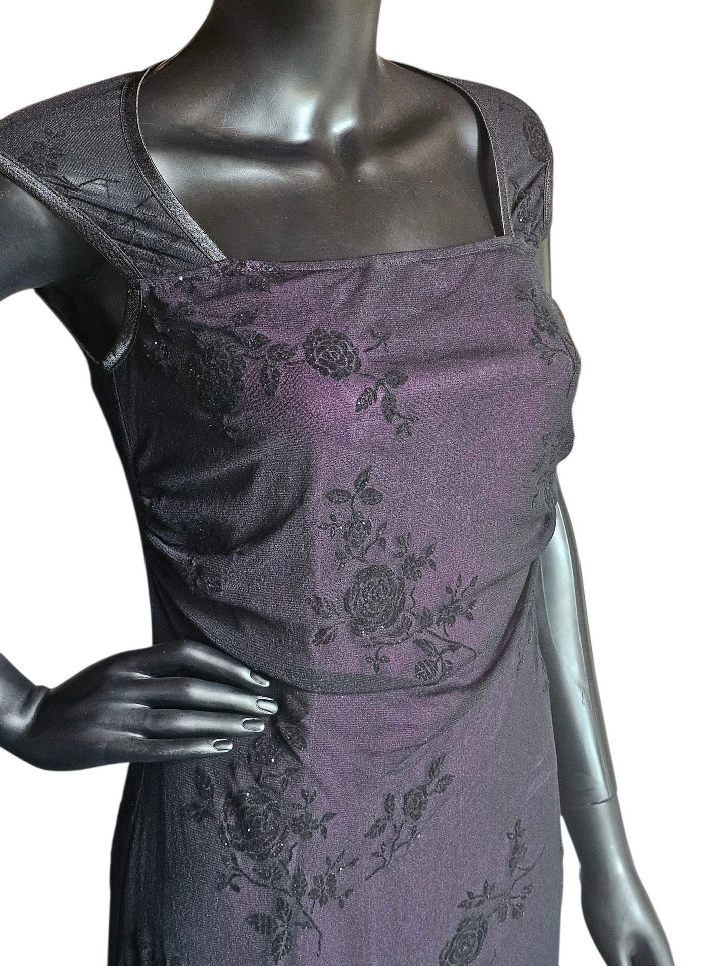 Mid Length Dress Asymetrical Black Overlay W/Purple Rose Burnout NWT - Moda
