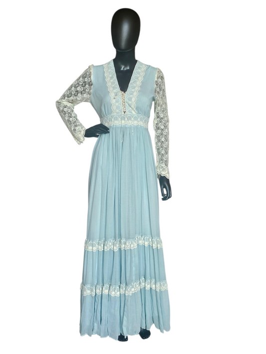 Vintage 70's Blue Prom Prairie Style Maxi Dress - Gunne Sax