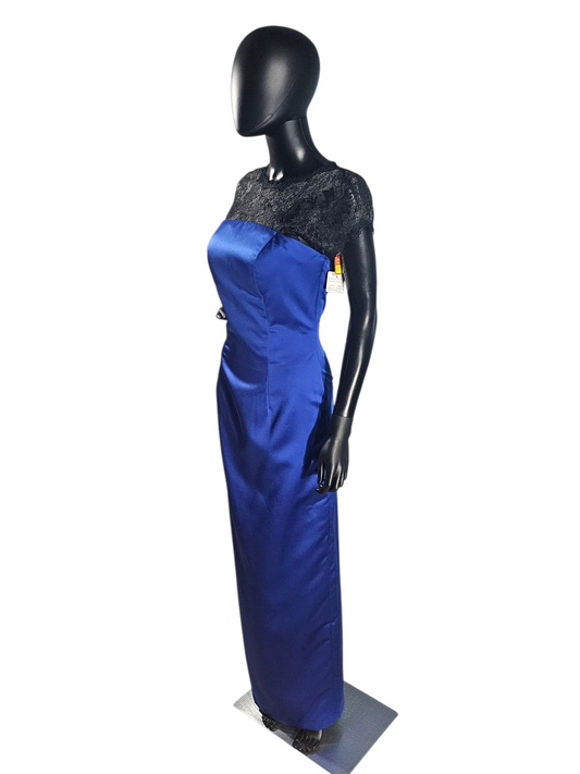 Royal Blue/Black Lace Cap Sleeve Full Length Formal Dress - Da Vinci
