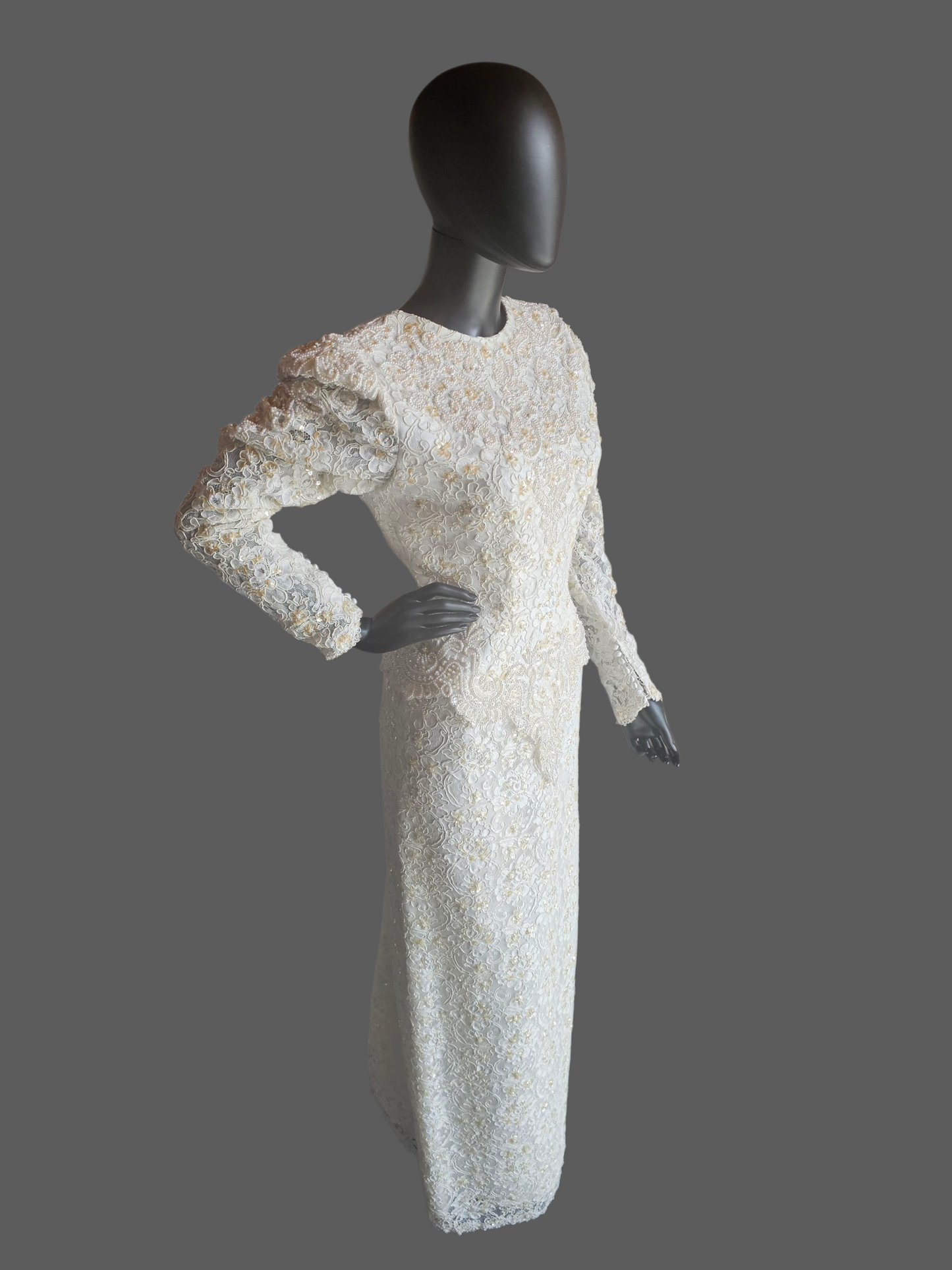 Vintage Ivory Beaded Lace Long Sleeve Fitted Sheath Wedding Gown