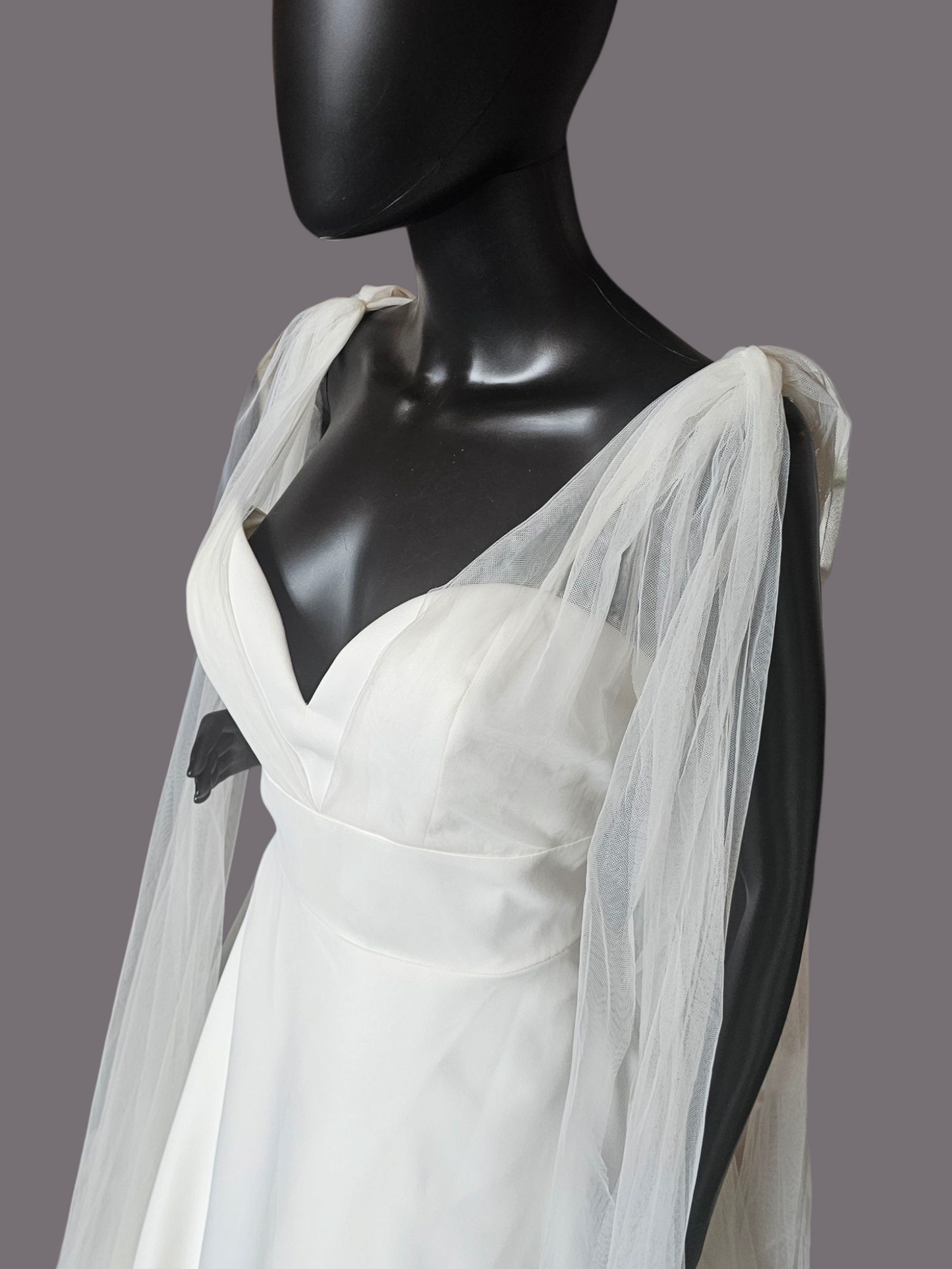 Plunge V-Neck Tulle Arm Detail Wedding Gown - Amy & Eve