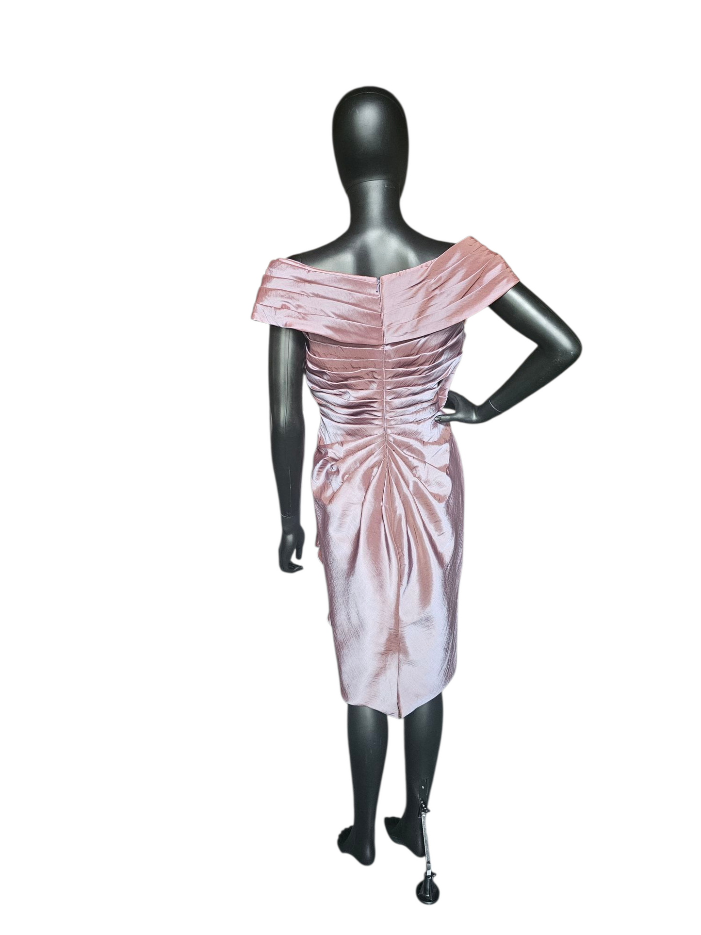 Iridescent Rose Taffeta Asymmetrical Off Shoulder Cocktail Dress - Jade