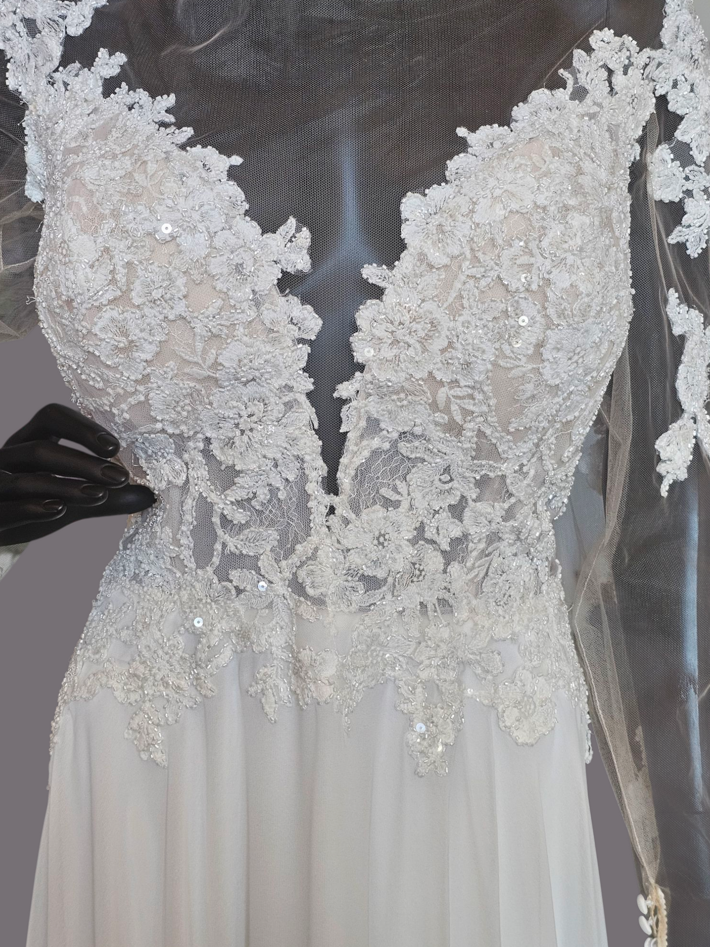 Ivory/Nude Deep Plunge Long Sleeve Chiffon Wedding Gown - Allure Romance